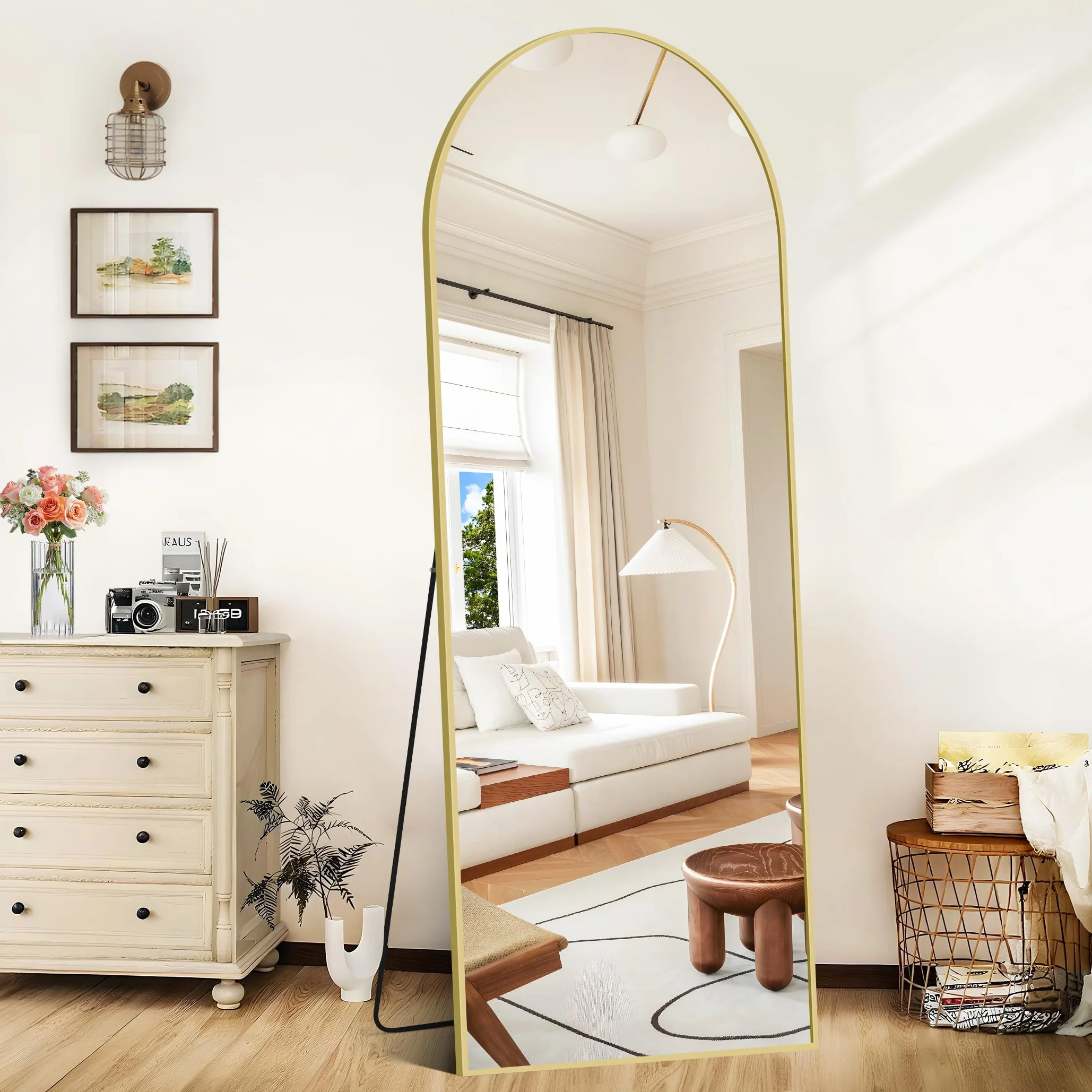 Miroir sur Pied Arqué 161 x 52 cm Cadre en Aluminium Miroir Mural Grand Miroir Penché Suspendu