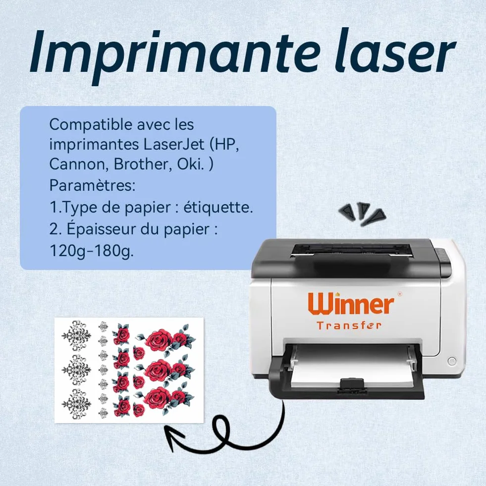 Papier Transfert Tatouage Temporaire Transparent A4, Impression Jet d'Encre & Laser, Lavable, Décalcomanie DIY, 5 Feuilles