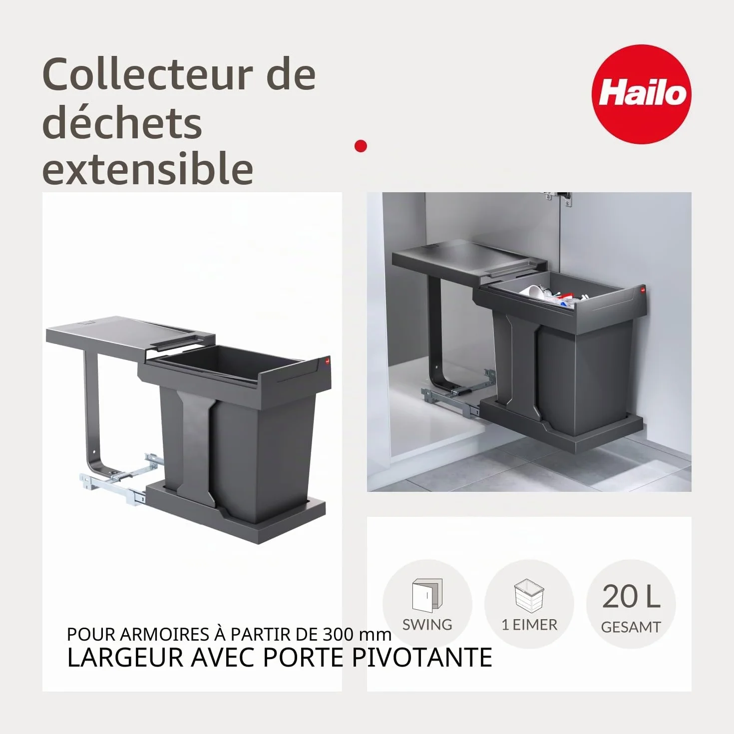 Hailo Collecteur de déchets Solo manuel 20 l 300 mm large anthracite
