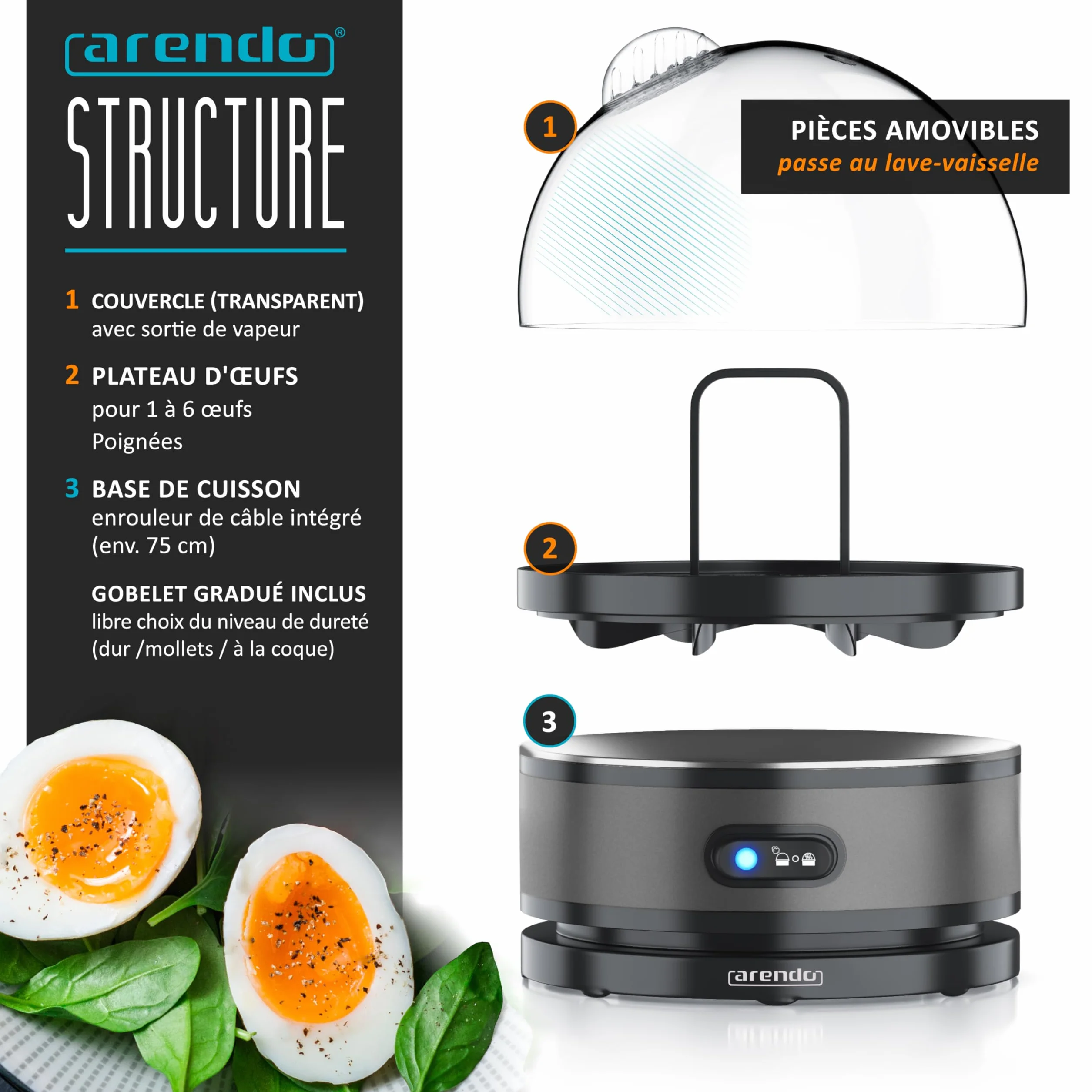 Arendo Ensemble Bouilloire Grille-Pain Cuiseur à Œufs Inox 1,5L 40°-100°C Toaster 4 Tranches LED 6 Niveaux Cool grey