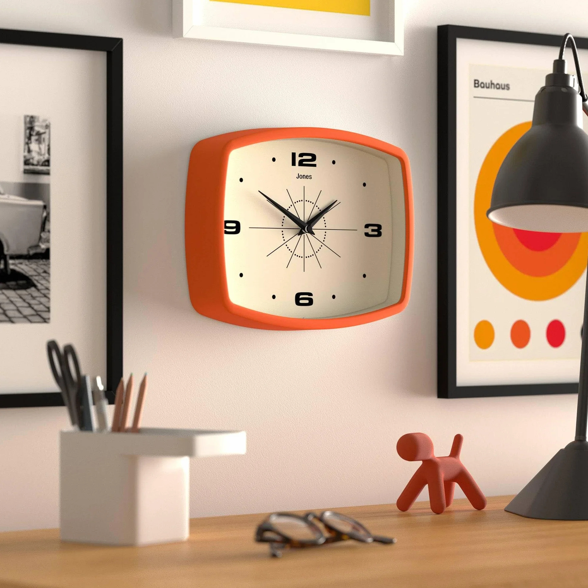 JONES CLOCKS Movie Horloge Murale Rétro Rectangulaire 25cm Orange Design Milieu du Siècle