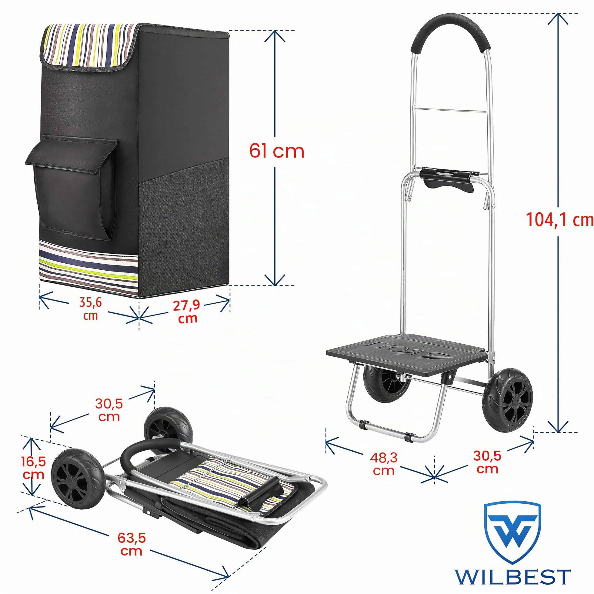 Chariot de Courses 75L Pliable 2 en 1 Diable Caddie à 2 Roues Shopping Trolley Noir