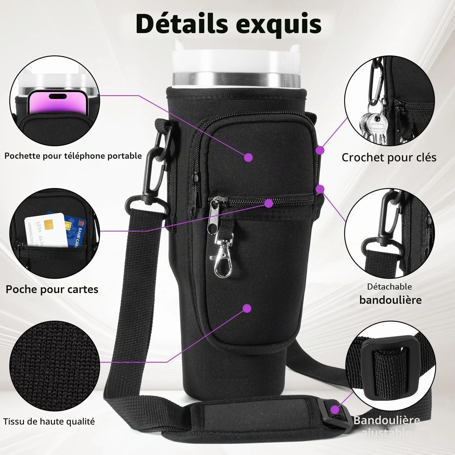 Stanley Cup Sac porte-bouteille d'eau avec sangle, accessoires paille anti-fuite et mousqueton - Noir