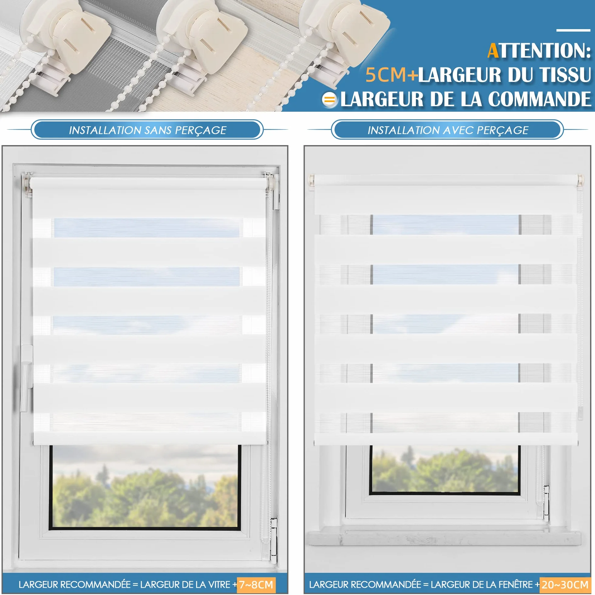 Enrouleur Jour Nuit sans Perçage Tamisant pour Fenêtre 55 x 150 cm Blanc