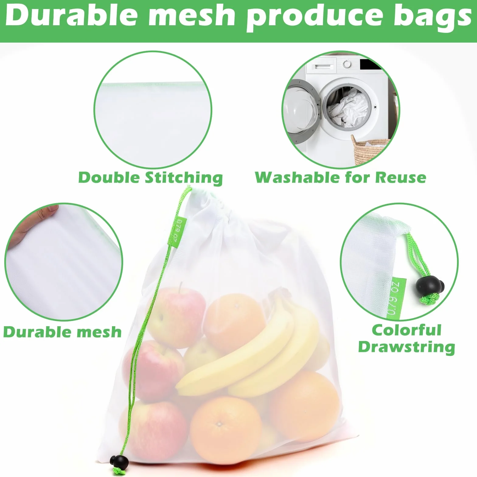 Sacs de Rangement réutilisables en Filet pour Fruits et Légumes avec Cordon de Serrage, 3 Tailles