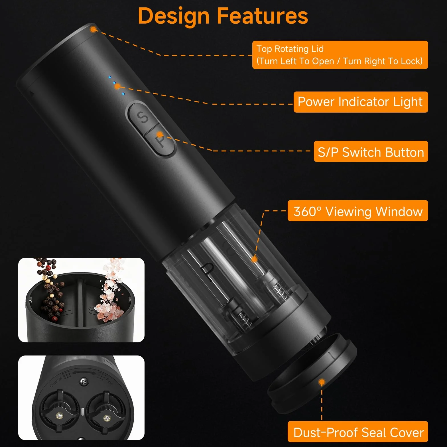 Moulin à Sel et Poivre Électrique 2 en 1 Rechargeable avec Éclairage LED, Réglable, Grande Capacité, Noir