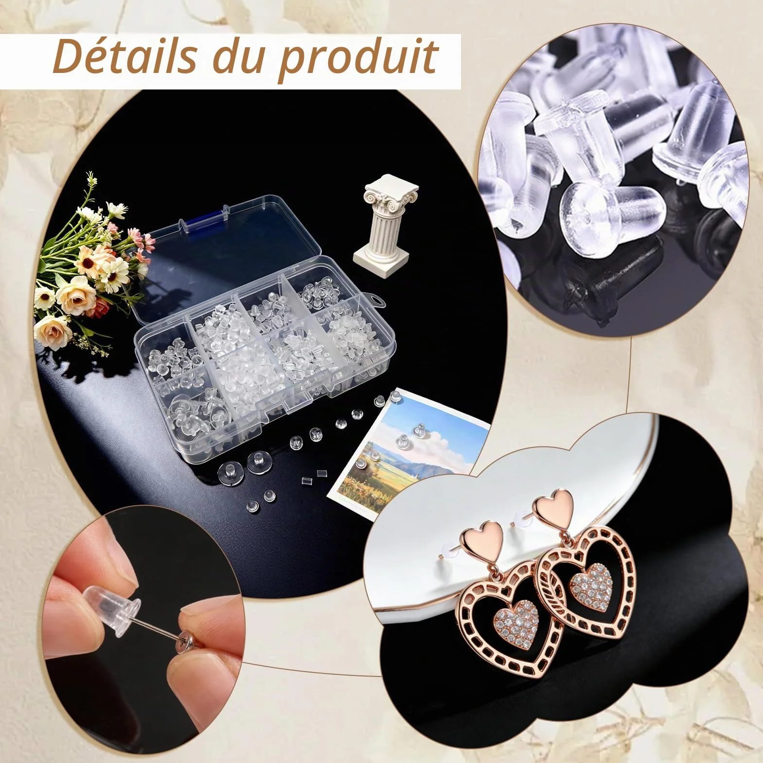 TOAOB 600 Pièces Fermoir Boucle d'Oreilles Silicone 8 Styles Plastique Transparent Hypoallergénique Taille Mixte pour Fabrication de Bijoux
