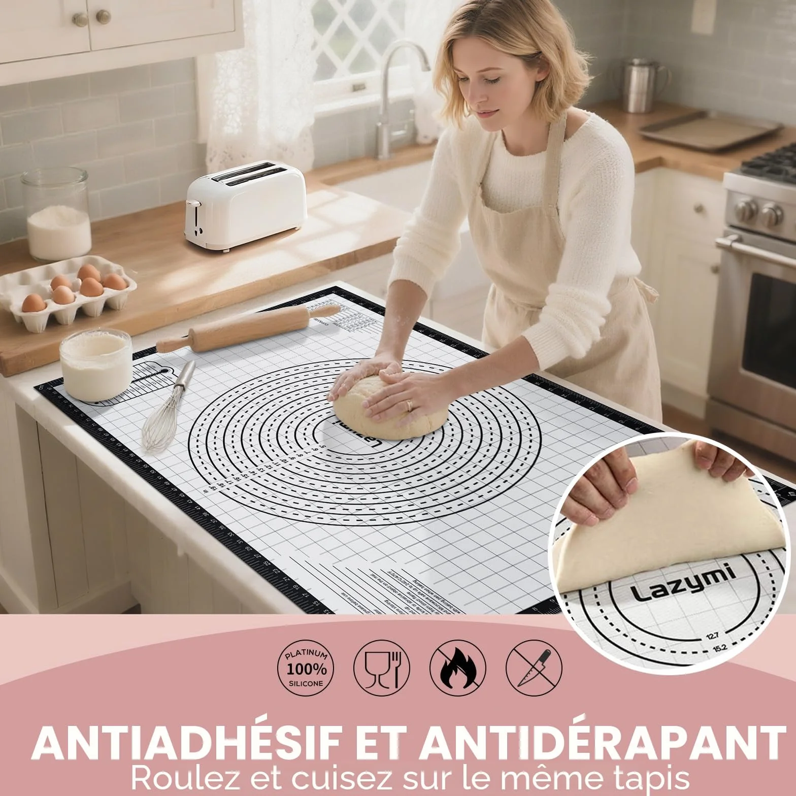Grand Tapis Silicone Patisserie 91 x 61 cm Antidérapant Antihafte Tapis de Cuisson Four Noir