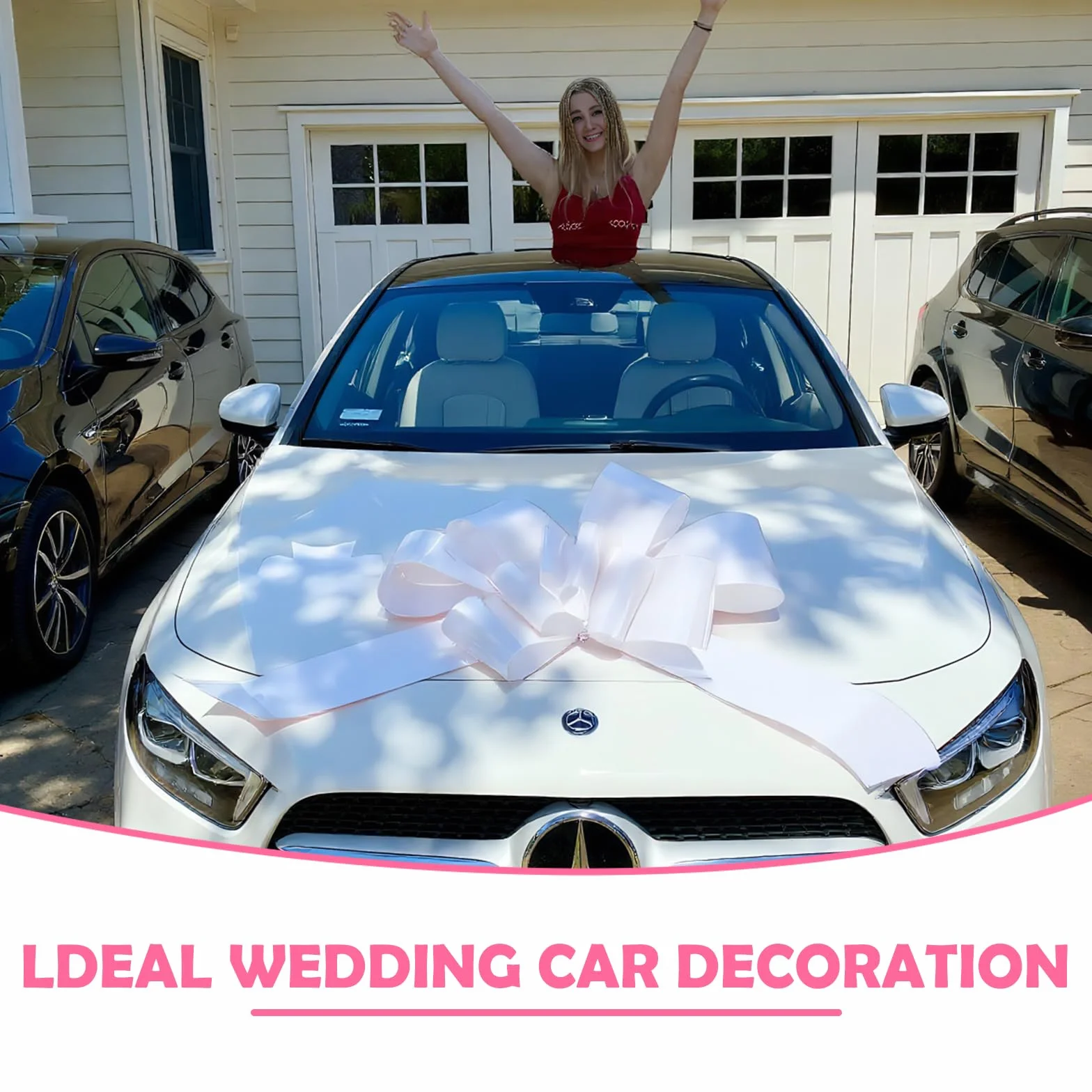 Grand Nœud Cadeau Blanc 76 cm pour Voiture Mariage avec Ventouses et Ruban Adhésif Double Face