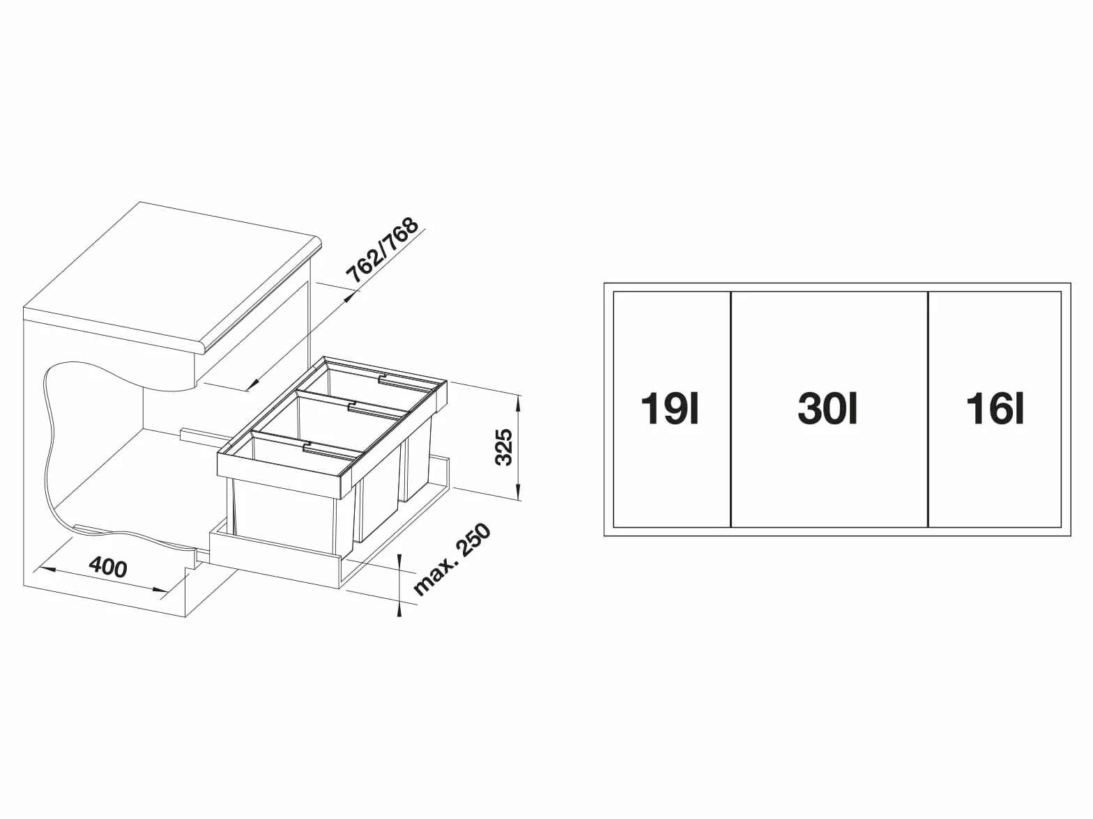 BLANCO FLEXON II low 80/3 Système de déchets 80 cm large tiroirs 30L 19L 16L