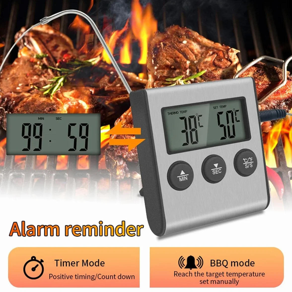 Grand thermomètre numérique LCD pour cuisson des aliments et de la viande avec sonde en acier inoxydable, fumoir, four, barbecue