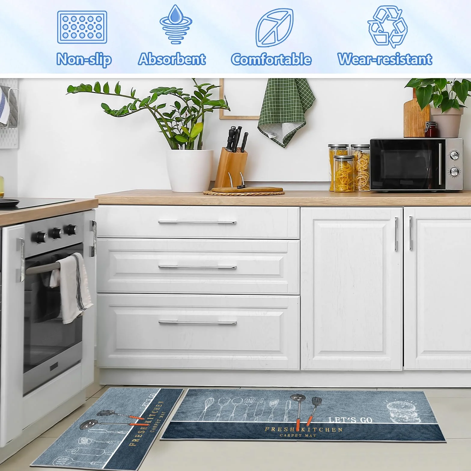 Tapis de Cuisine antidérapants Lot de 2, Absorbe l'eau et l'huile, Résistant à la poussière, Intérieur, Hamburger, 43 x 75 + 43 x 150 cm