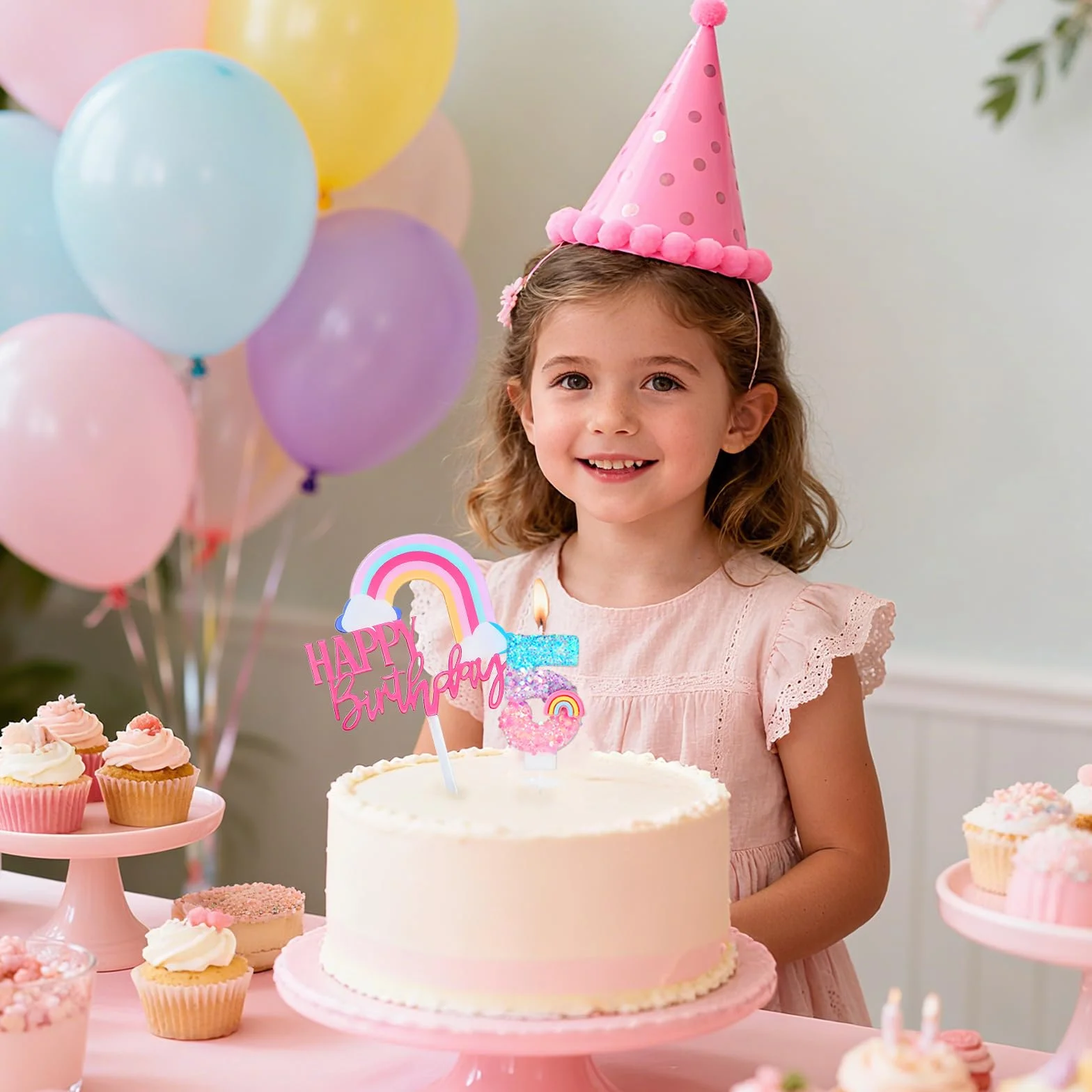 Bougies d'anniversaire Arc-en-ciel 5 Ans 3D Chiffre Fille Décoration Gâteau Enfants