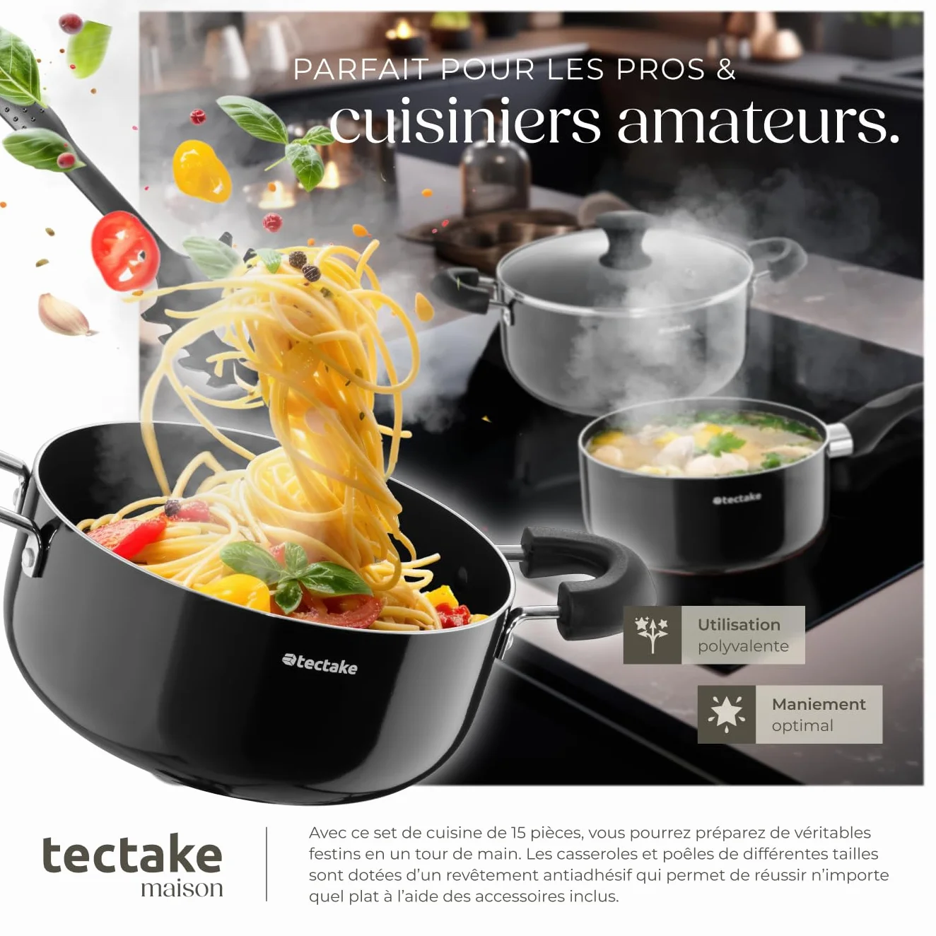 Tectake Set de casseroles et poêles Aluminium inox anti-adhésif 15 pcs gaz vitrocéramique