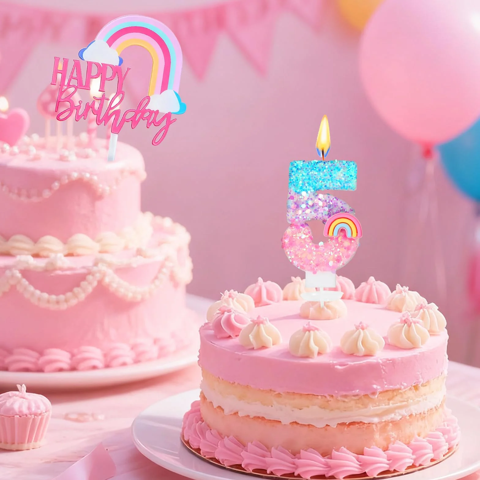 Bougies d'anniversaire Arc-en-ciel 5 Ans 3D Chiffre Fille Décoration Gâteau Enfants