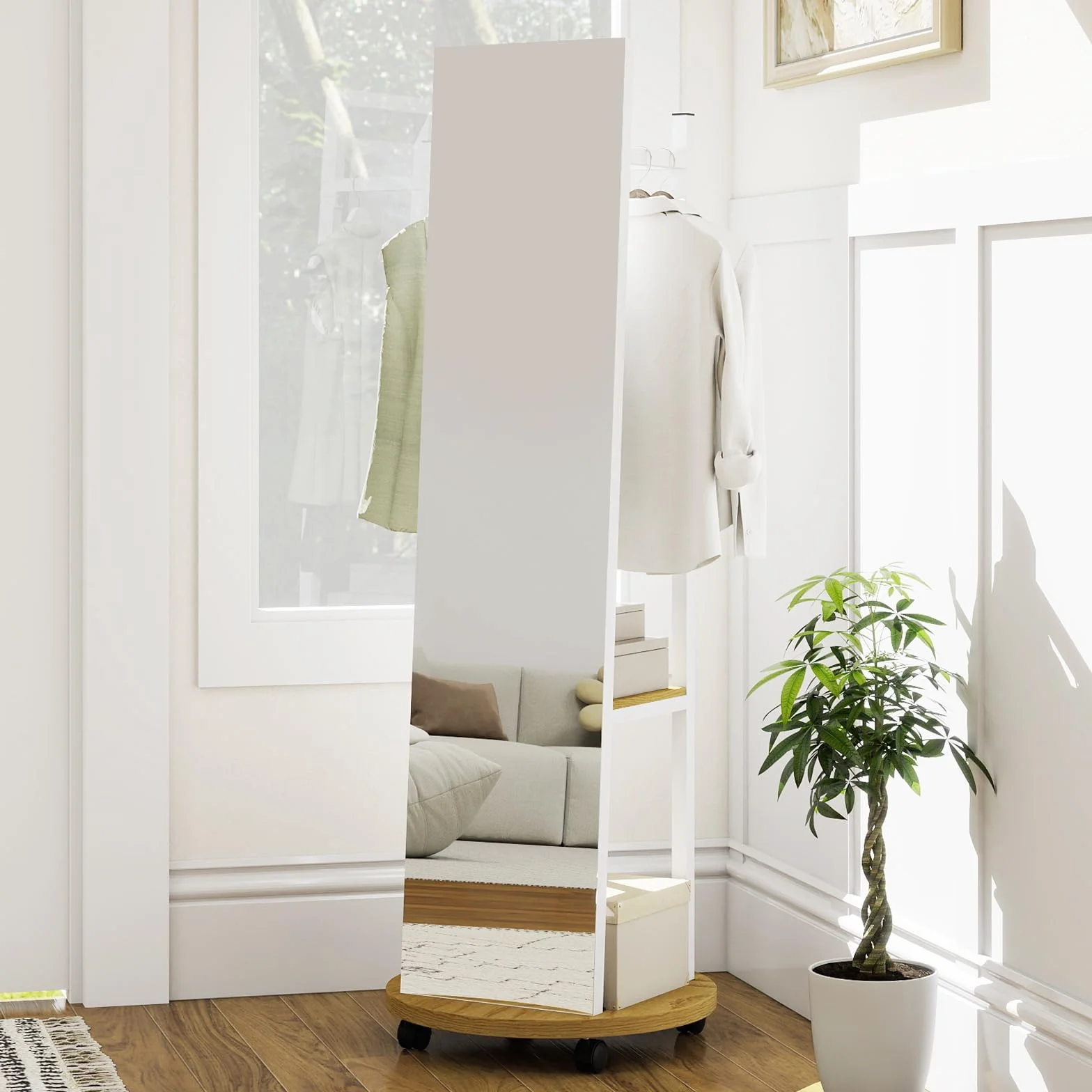 COSTWAY Miroir sur Pied Grand avec Porte-Manteau 4 Roues Pivotantes 360° 3 Crochets Cadre Métal 45 x 135 cm Blanc Naturel