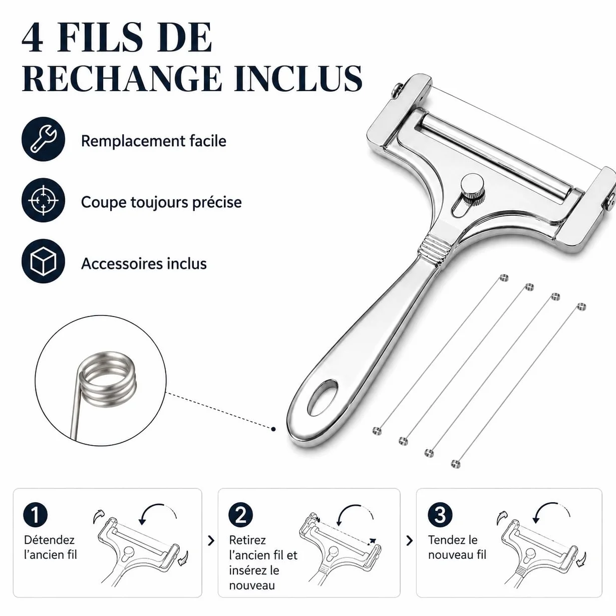 Trancheur à fromage manuel inox 4 fils de rechange réglable coupe-beurre portable argent brillant
