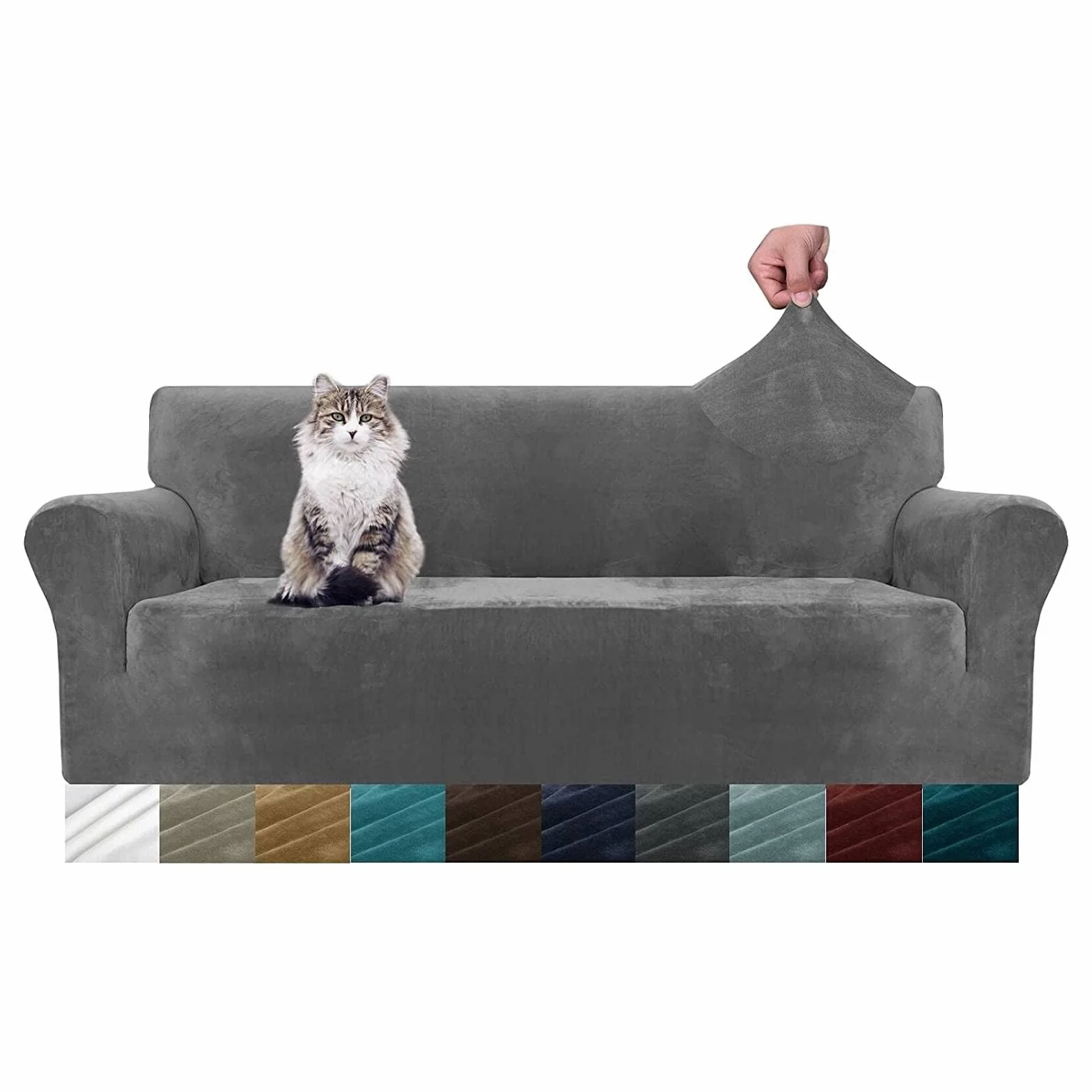 MAXIJIN Housse de canapé en Velours épais 3 Places Super Extensible pour Chiens Cat Pet Friendly 1-Piece Elastic Furniture Protector Gris