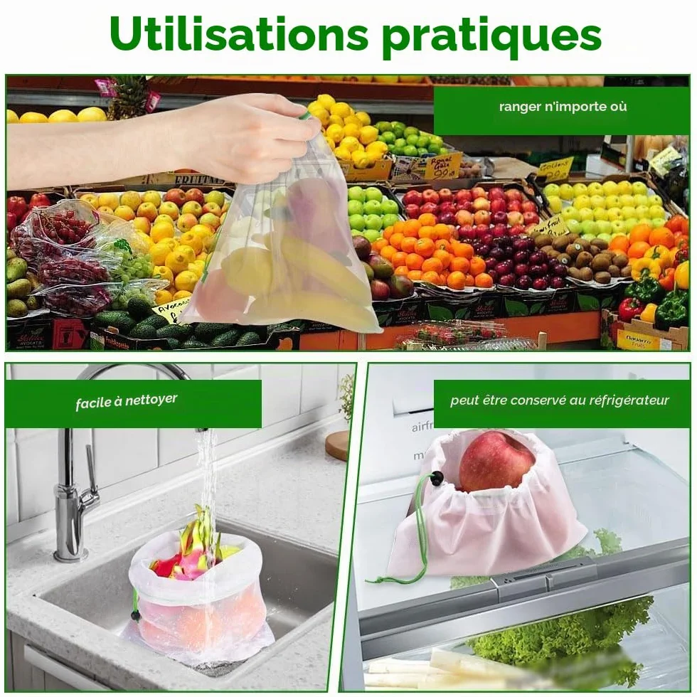 Sac de Cordon en Maille 35 x 30 cm Lavable Anti-Moisissure Nylon Réutilisable Portable pour Shopping Stockage Fruits Légumes