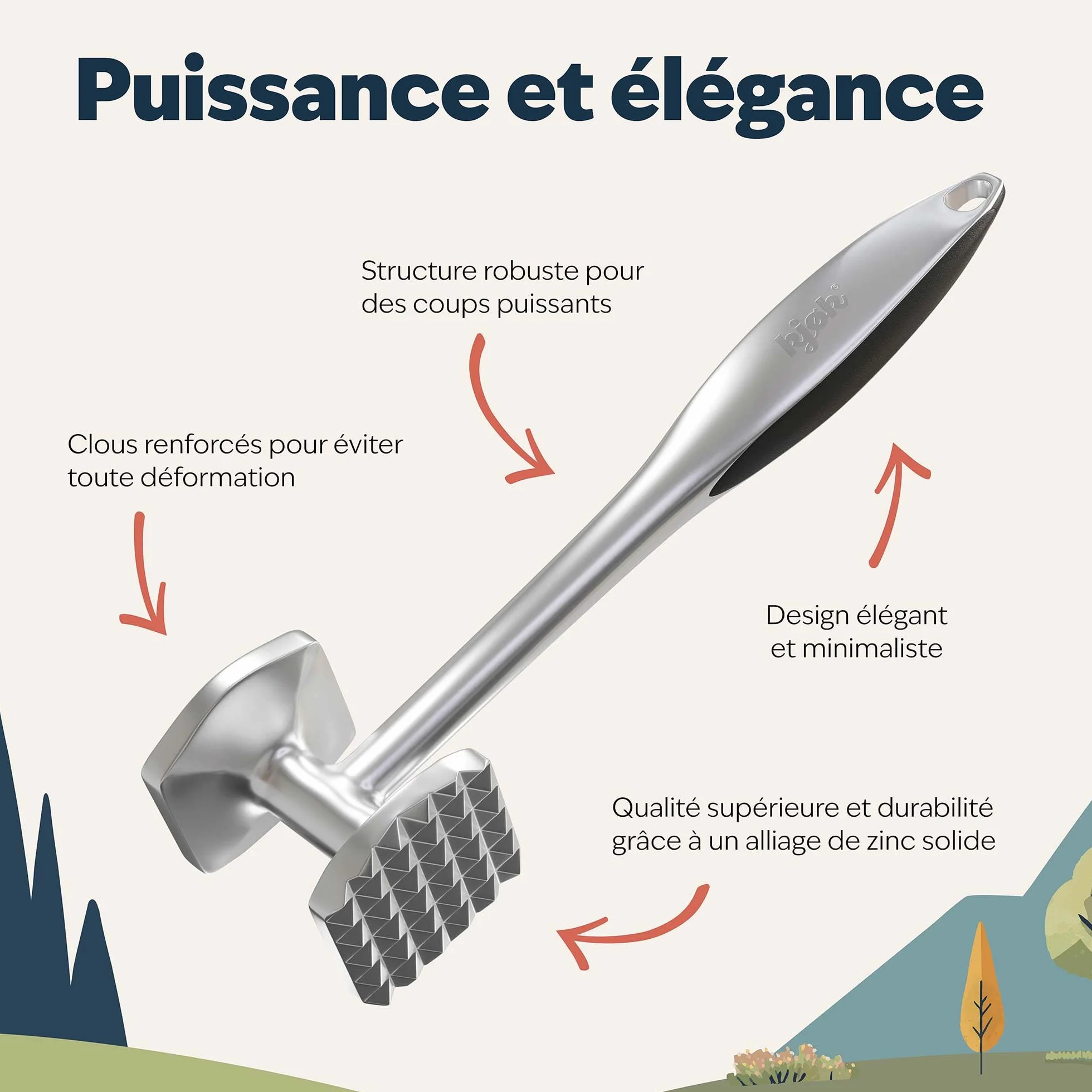 Attendrisseur de viande en alliage de zinc chromé mat kjøk – maillet pour escalopes steaks volaille