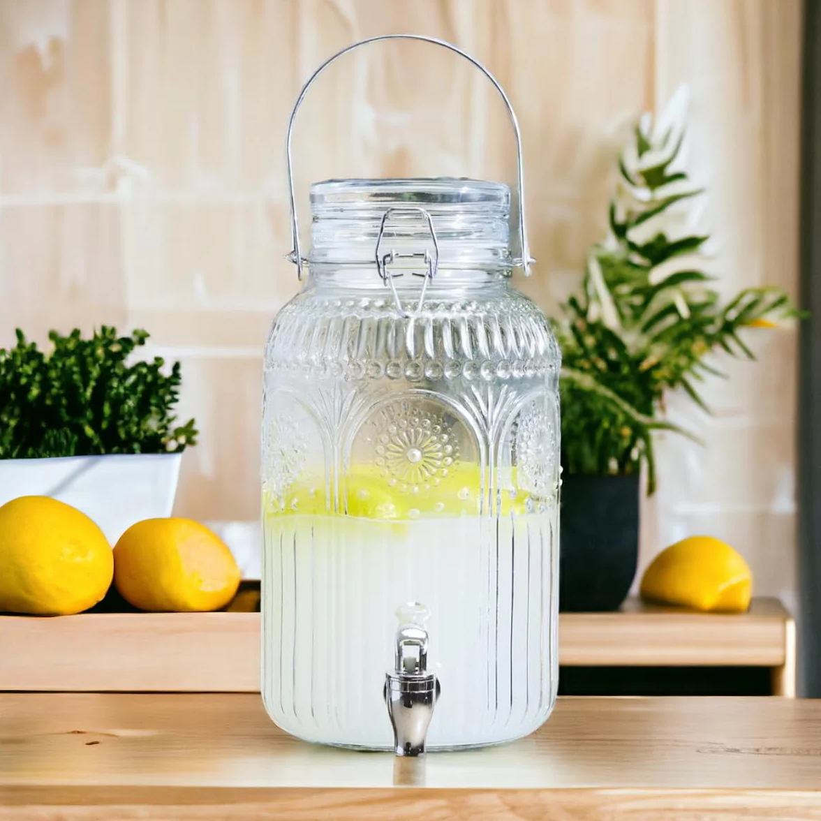 Distributeur Boisson avec Robinet 4 L - Fontaine à Eau et Cocktail en Verre - Jarre pour Fêtes et Anniversaires