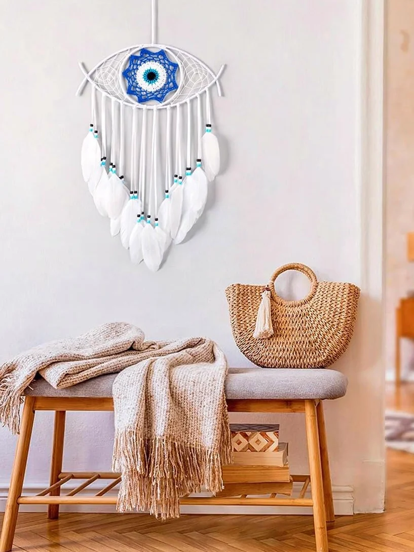 Attrape-Rêves Macramé Evil Eye Oeil Turc Blanc Décoration Murale Suspendue