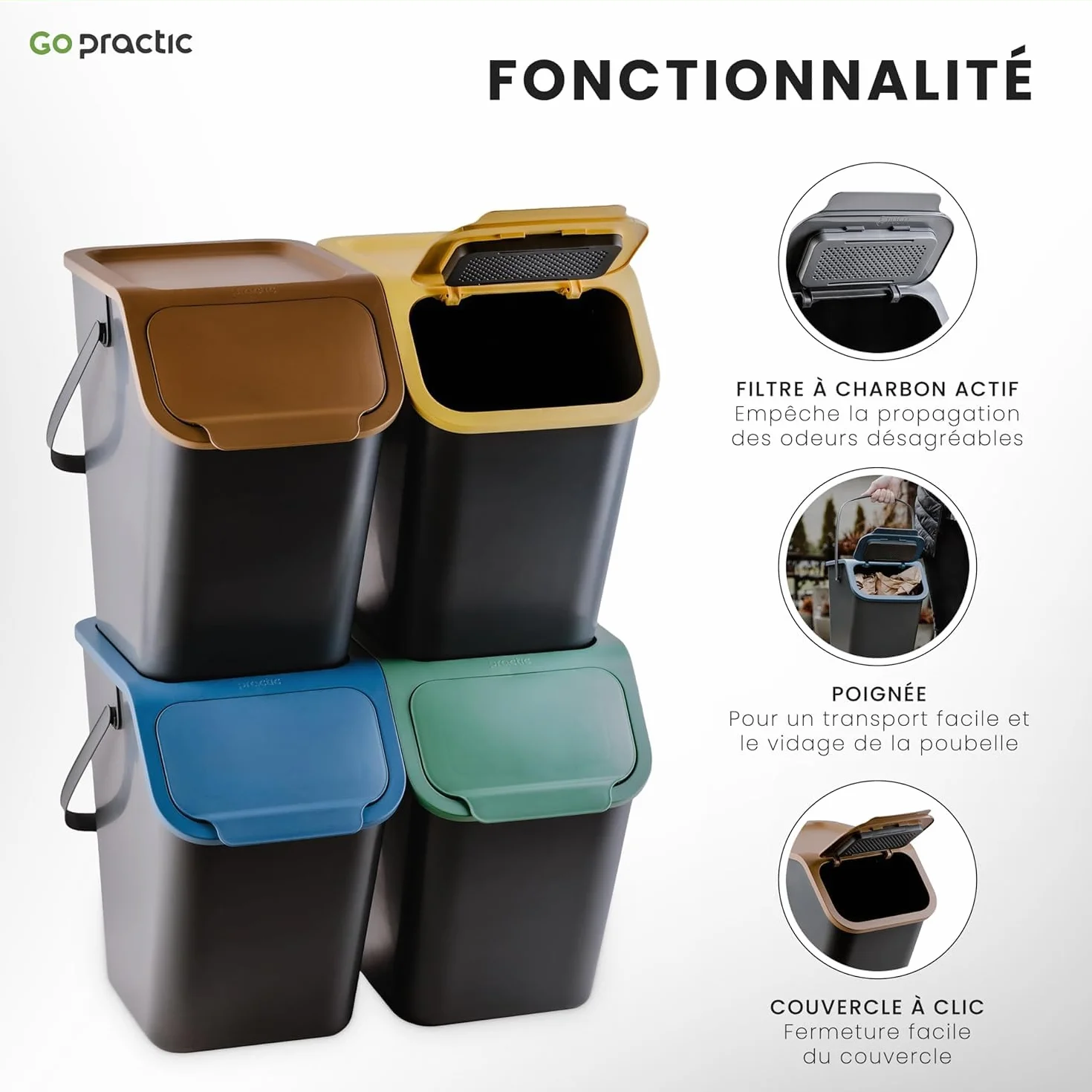 Set de Poubelles de Cuisine 25L 4 Pièces avec Couvercle et Filtre à Charbon Blanc