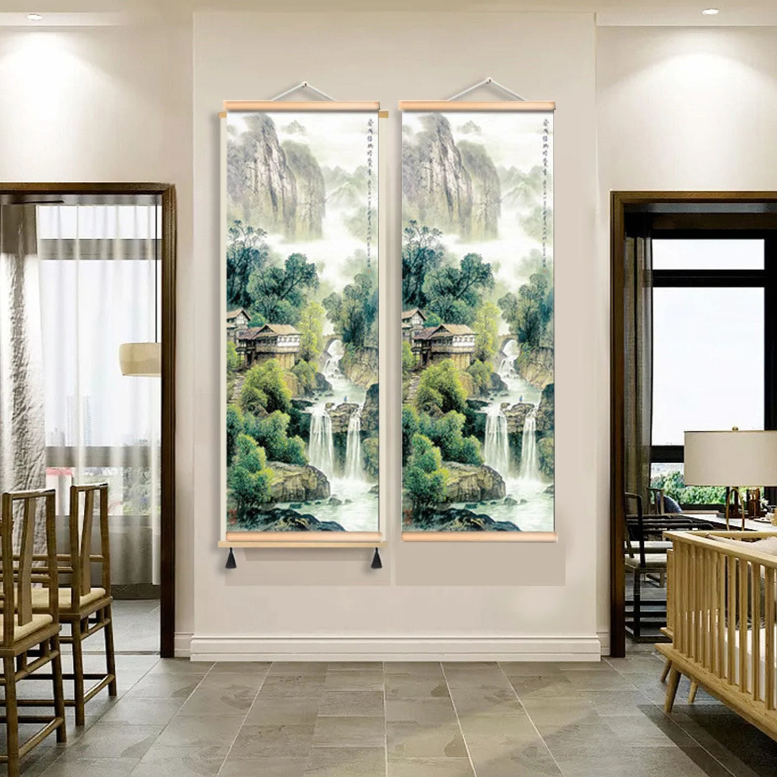Peinture Chinoise Murale Paysage Cascade 25 x 80cm