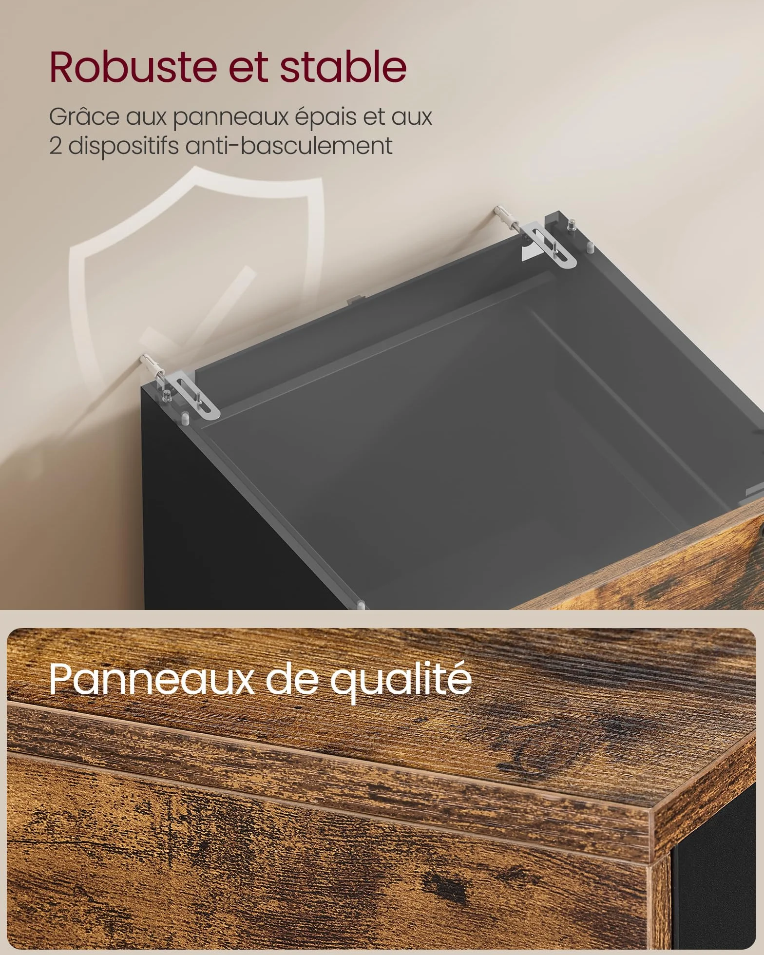 VASAGLE Meuble de Bureau avec 3 Tiroirs Verrouillables, Tringles Réglables, Compatible A4, Marron Rustique et Noir