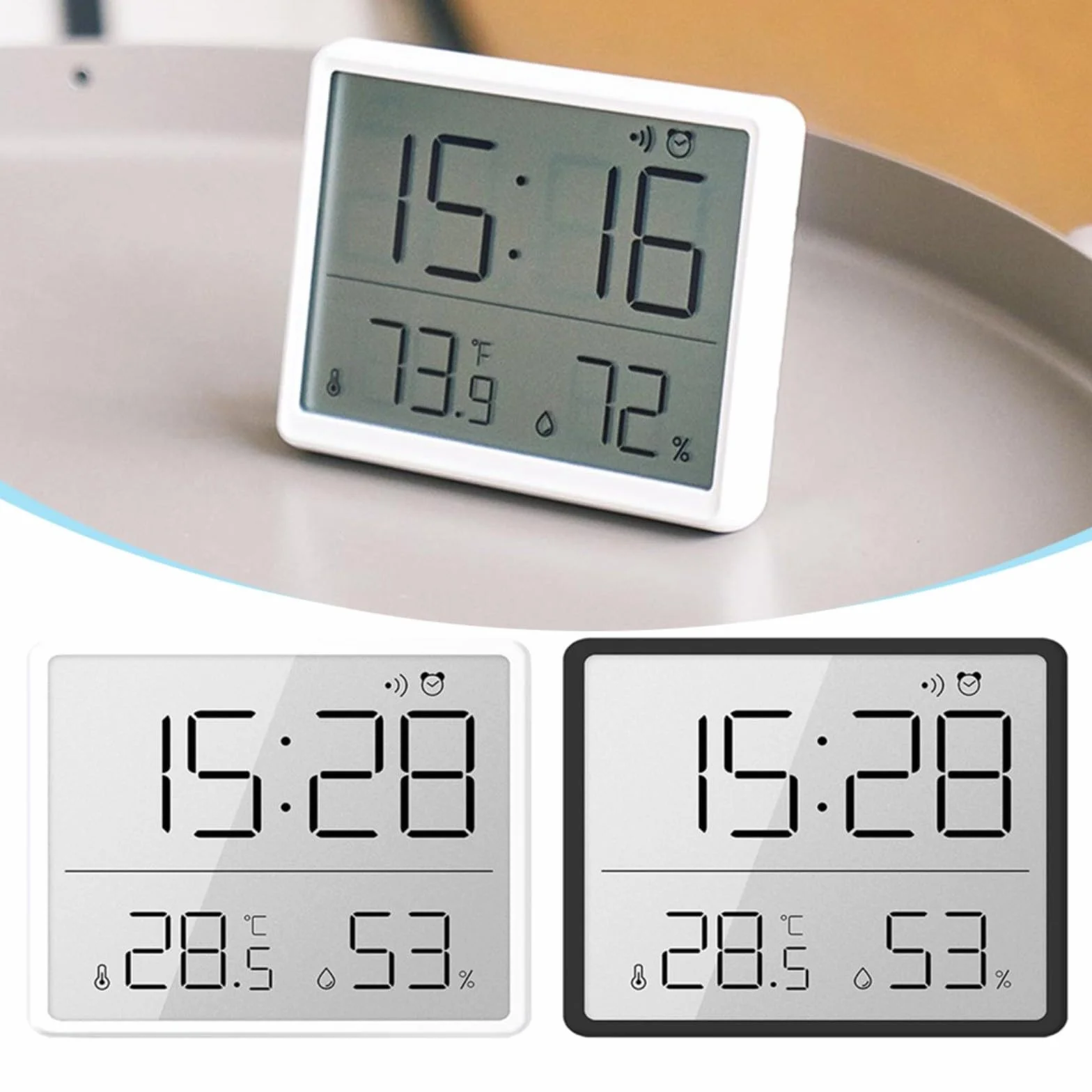 Thermomètre-hygromètre numérique avec horloge, grand écran, aspiration magnétique 9,3 x 7,3 x 1,5 cm blanc