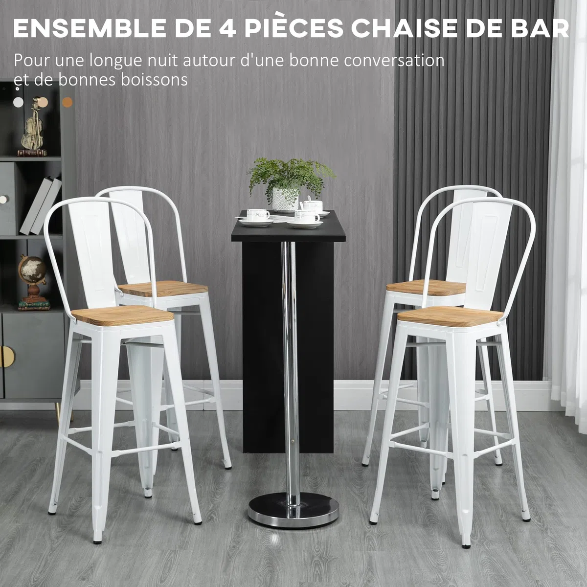 HOMCOM Tabourets de Bar Empilables avec Dossier Lot de 4 76 cm Blanc