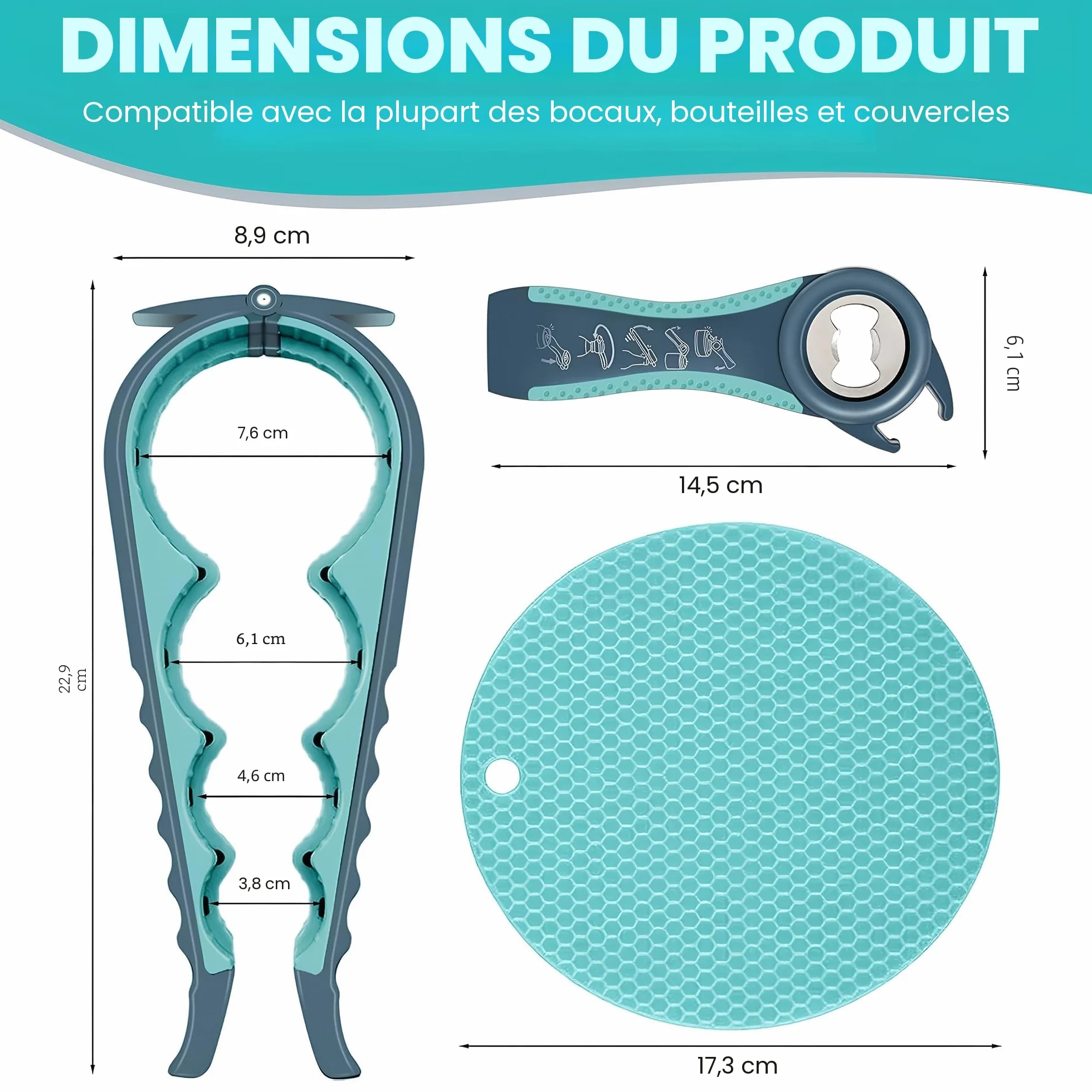 Ouvre-bocal multifonction 5 en 1 avec caoutchouc antidérapant pour mains faibles et arthritiques