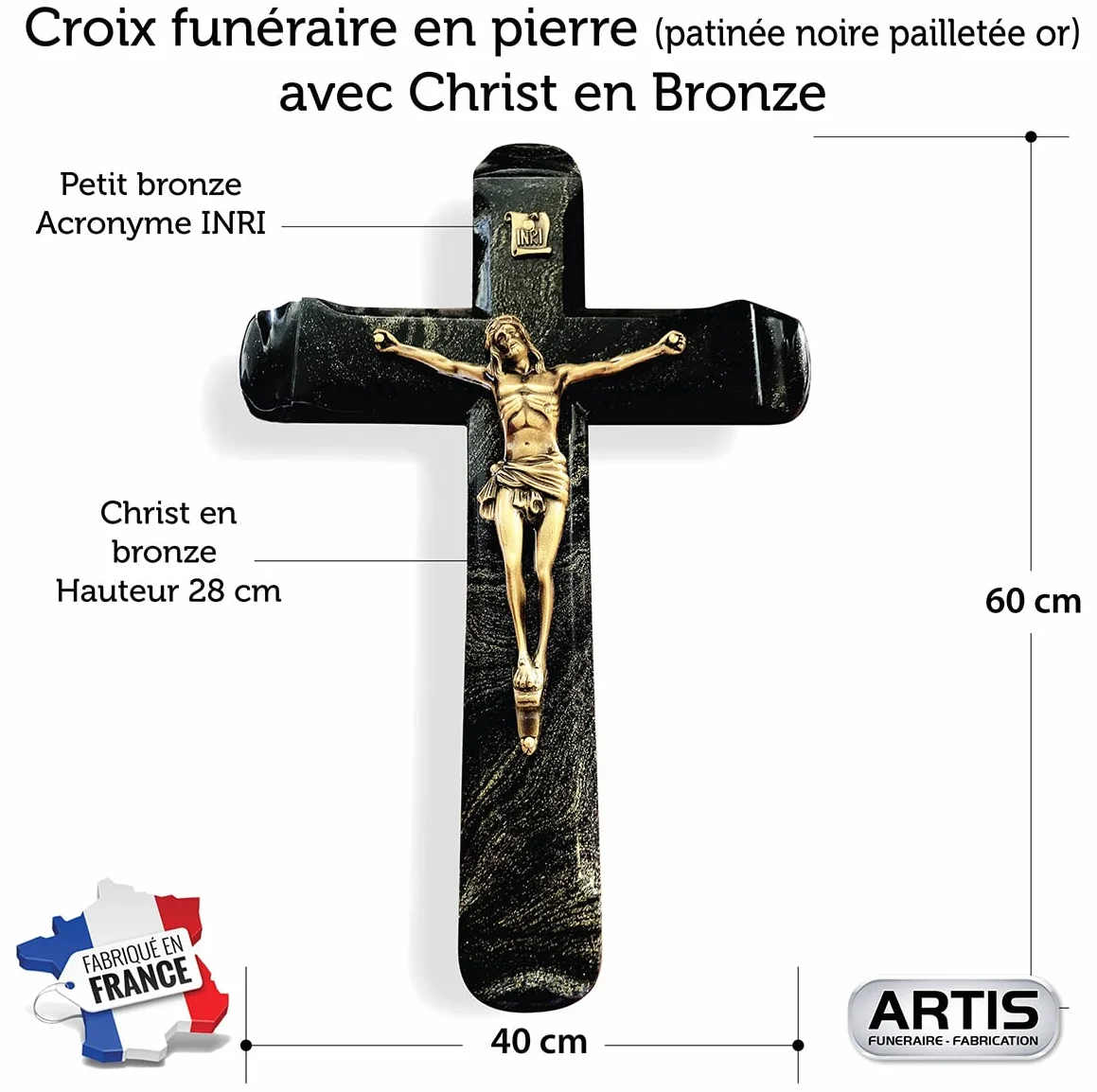 Croix Funéraire Pierre Noire Christ Bronze