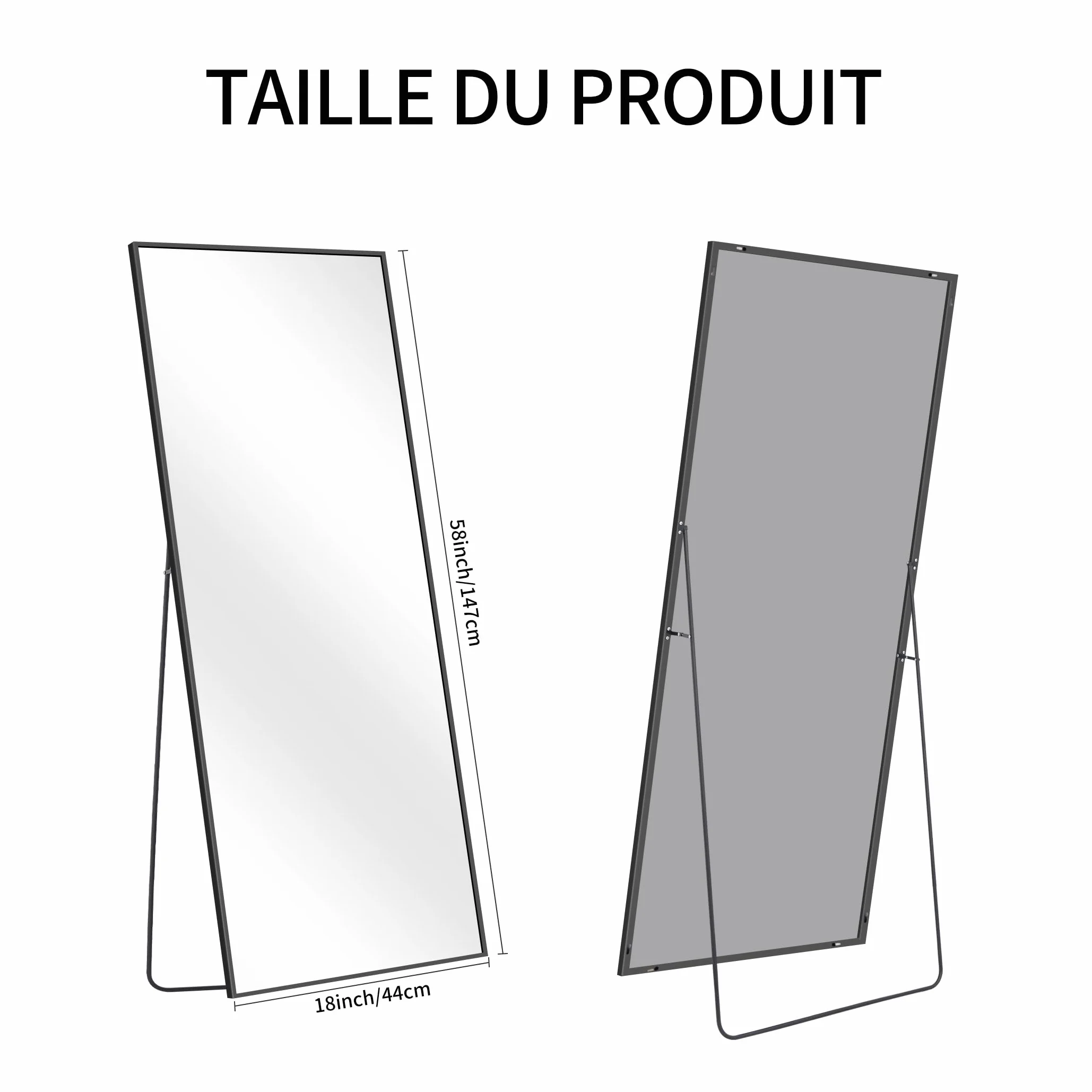 Miroir Intégral 44 x 147 cm Rectangulaire Grand Miroir Mural Cadre Noir