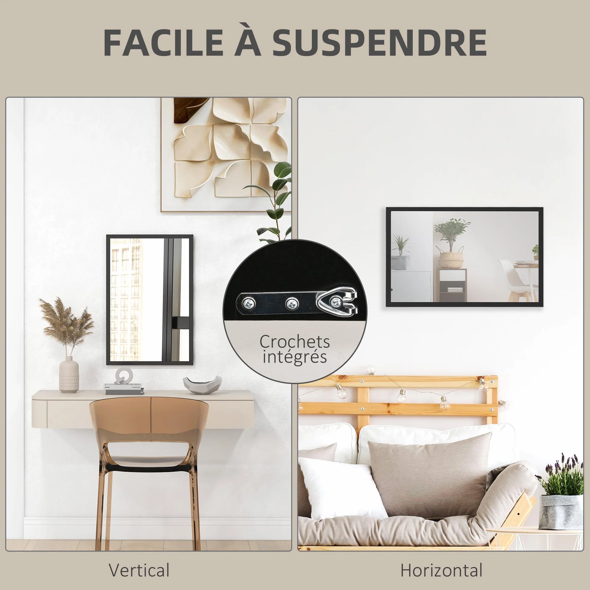 HOMCOM Miroir Mural Rectangulaire 60 x 40 cm Cadre en Bois Noir Salle de Bain