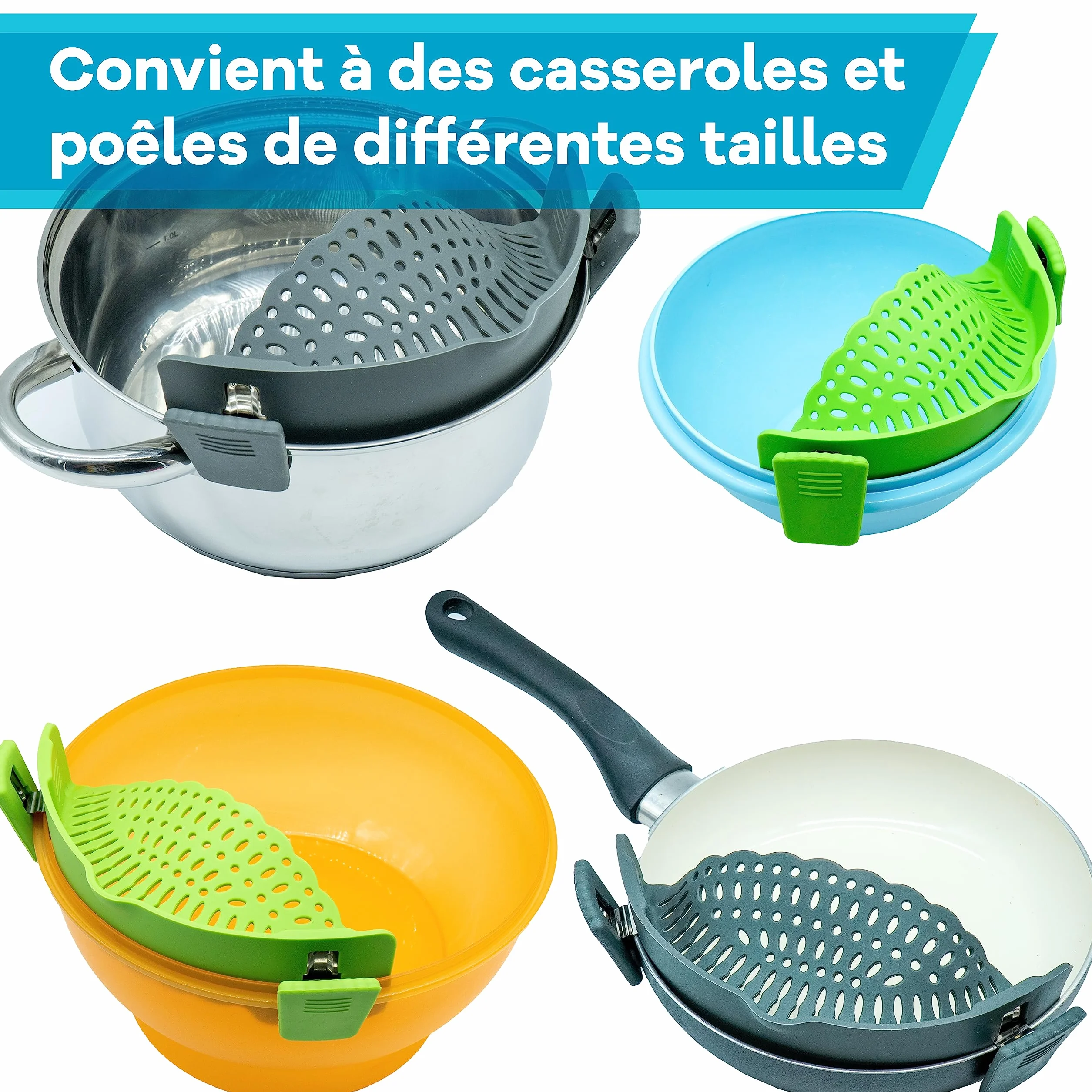 Passoire Clipsable Universelle en Silicone Sans BPA pour Casseroles Gadget Cuisine Égoutter Pâtes Compacte