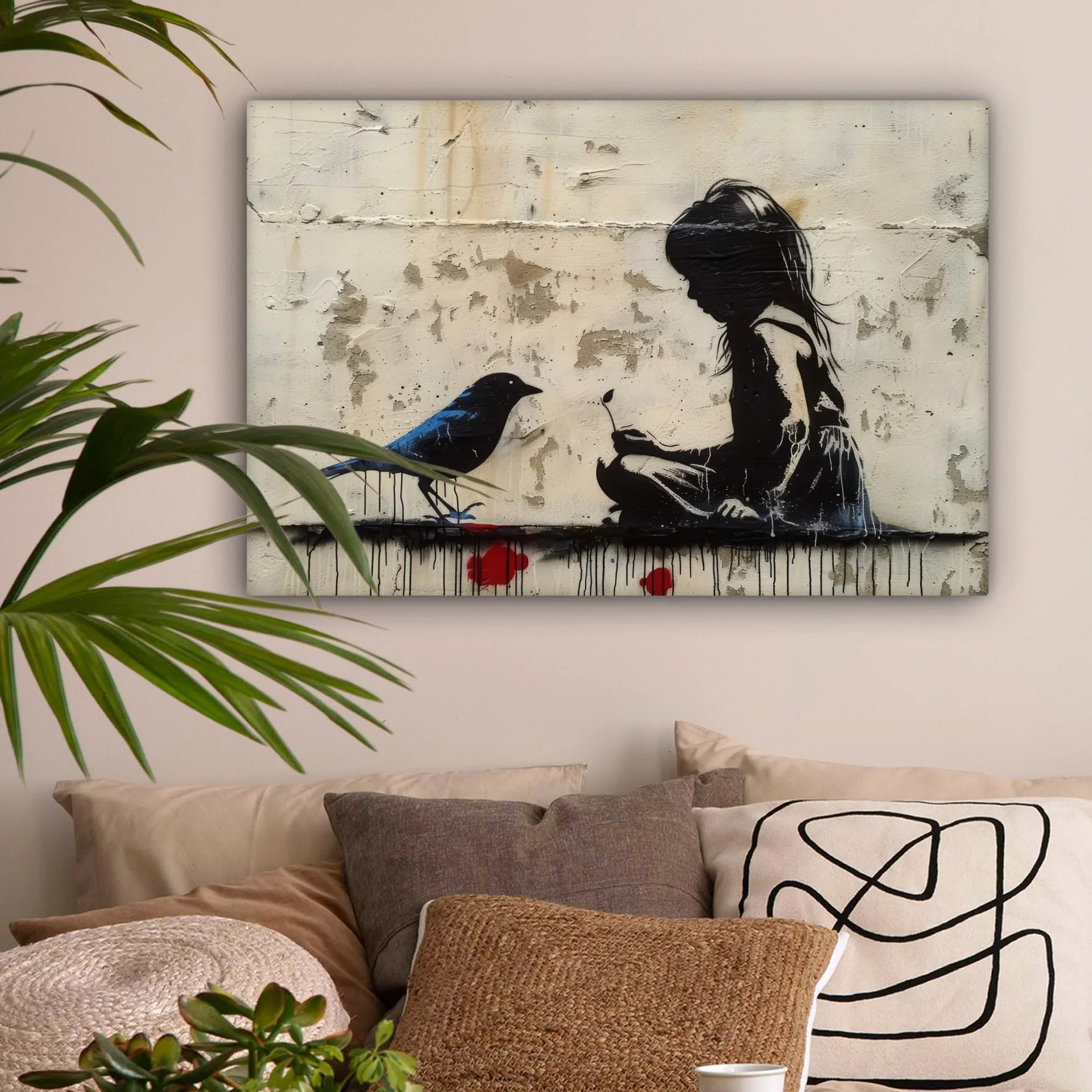 Banksy MuchoWow Tableau Mural 60x40 cm Toile Street Art Fille Oiseau Graffiti