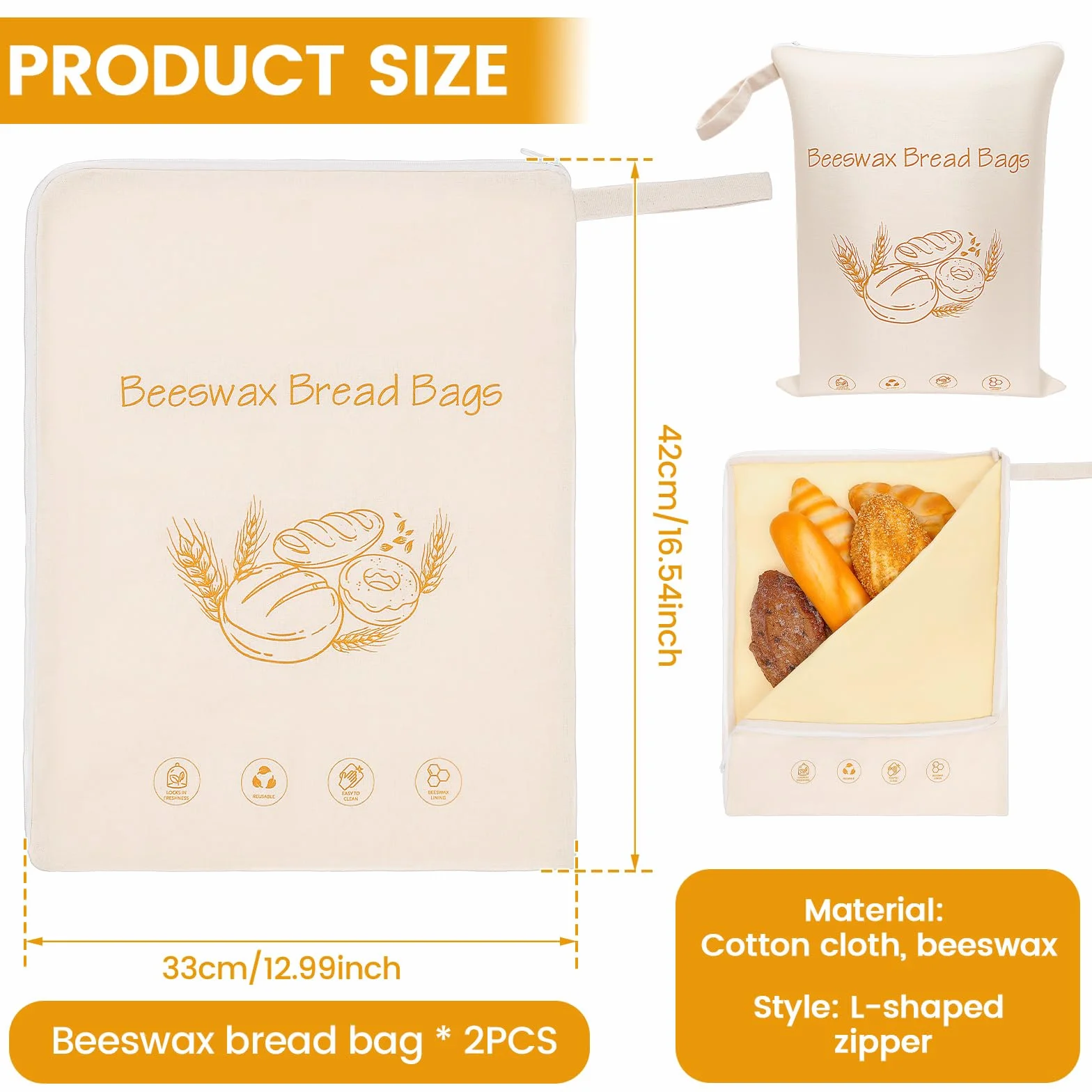 Sacs à pain en cire d'abeille avec fermeture éclair, 42x33 cm, 100% coton, réutilisables, pack de 2