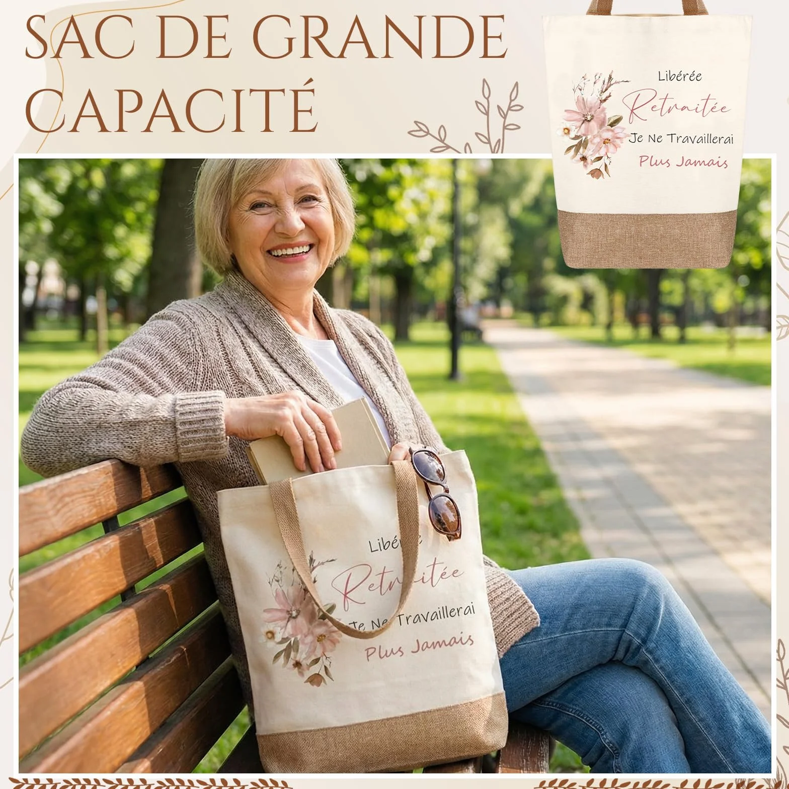 Cadeau Retraite Femme Sac à Main Tote Bag Trousse à Maquillage Pochette Cosmétique Porte-Clés Enveloppe avec Fleur
