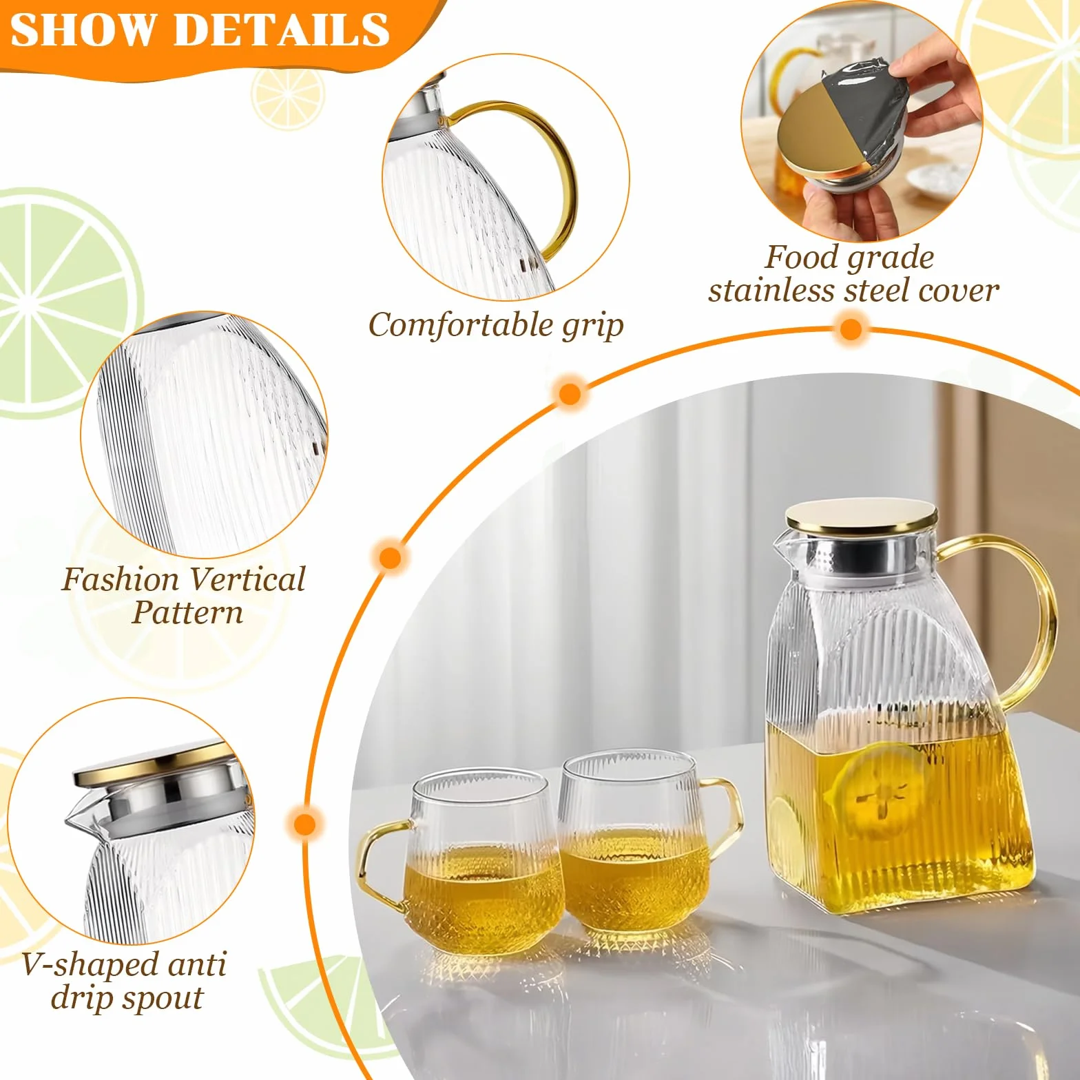 Pichet à Eau en Verre Borosilicate 1,8 L avec Couvercle et Anse, Carafe pour Boissons Chaudes & Froides