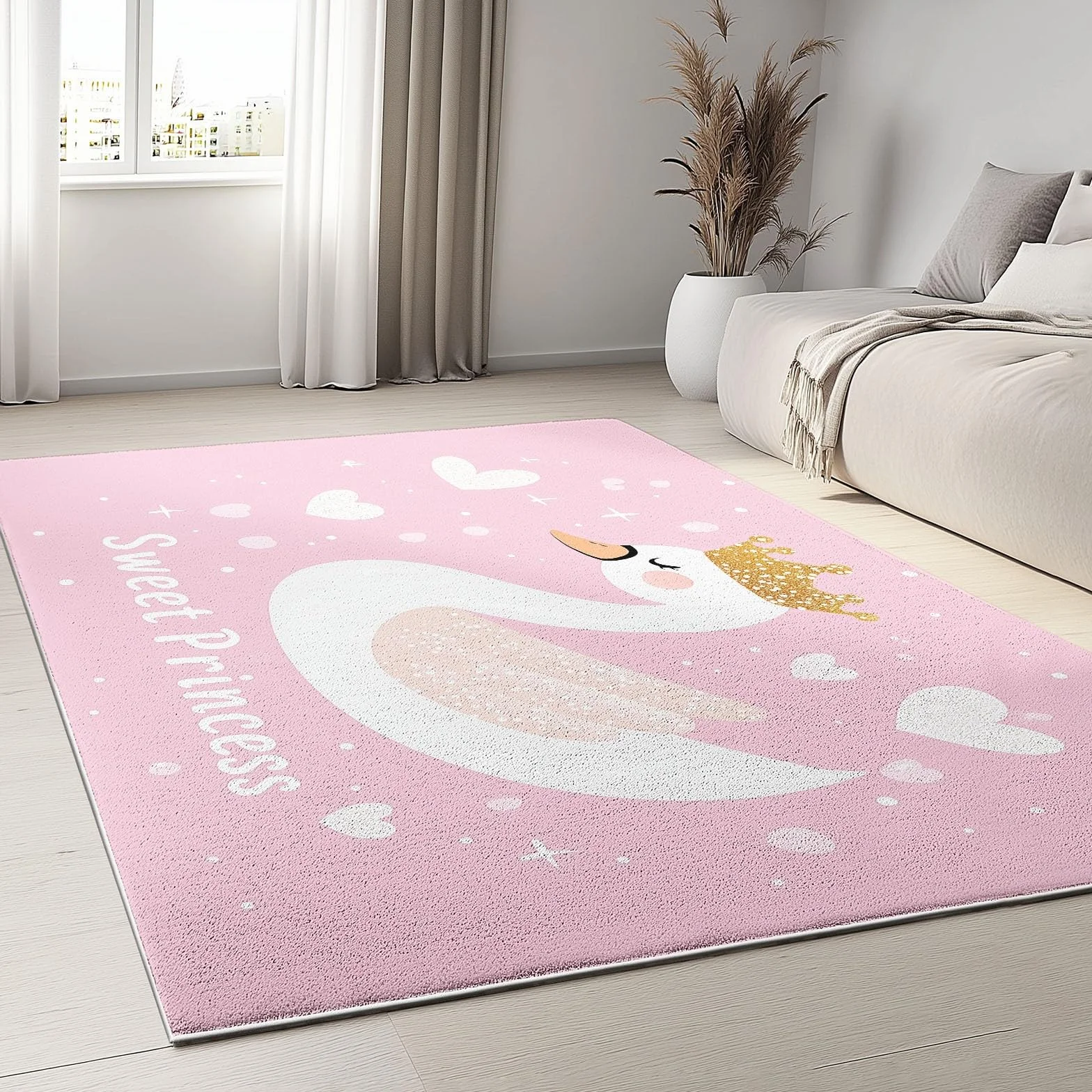 Tapis Salon Poil Court Lavable Antidérapant 60x110 cm Rose Blanc Motif Cygne Princesse