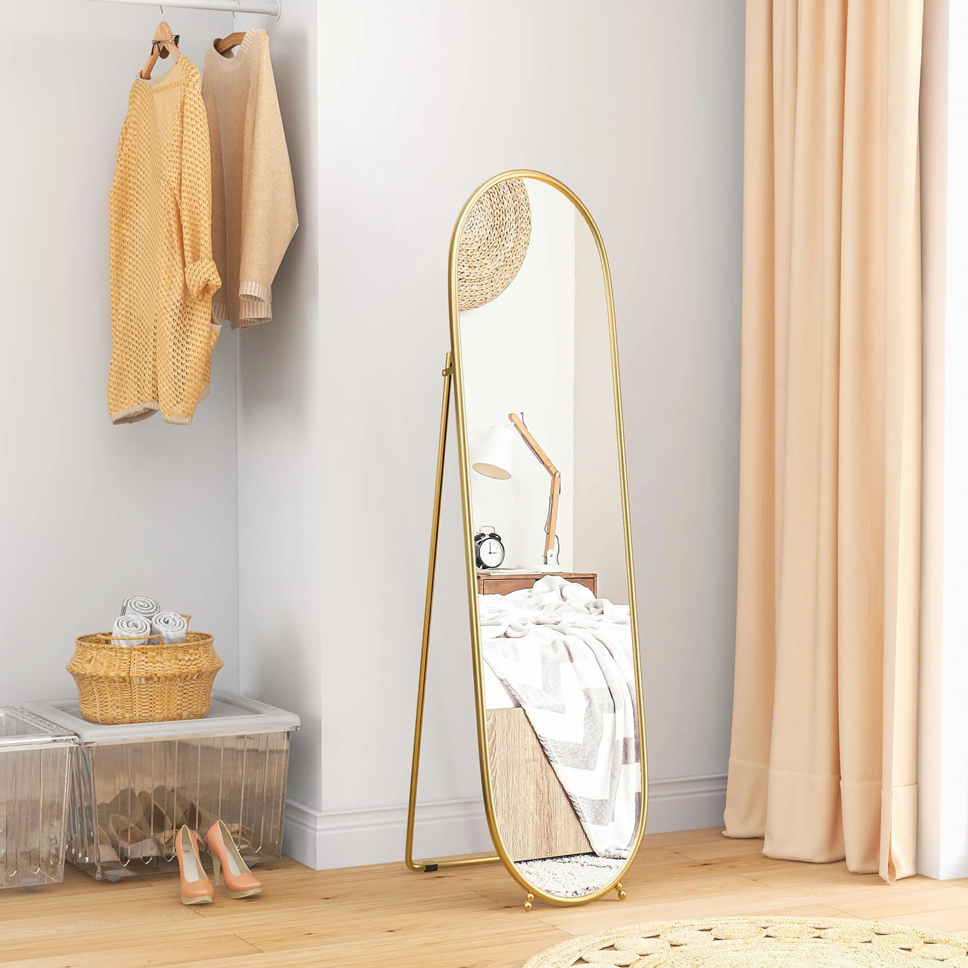 HOMCOM Grand Miroir sur Pied Ovale Cadre en métal doré 40 x 160 cm