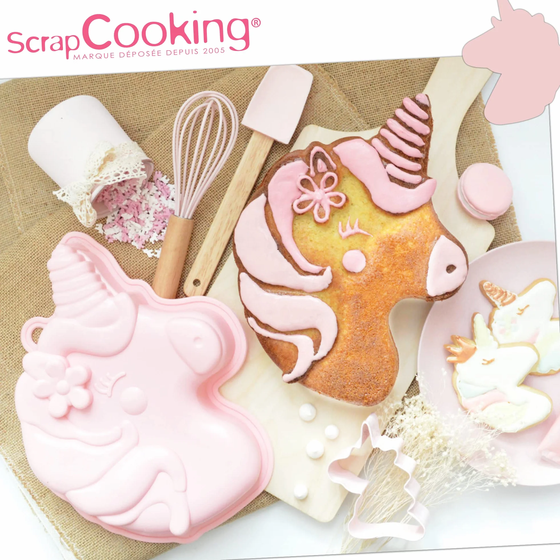 ScrapCooking Coffret Pâtisserie Licorne Enfants 4 Ustensiles Fouet Cuillère Moule Découpoir Bois Silicone Inox