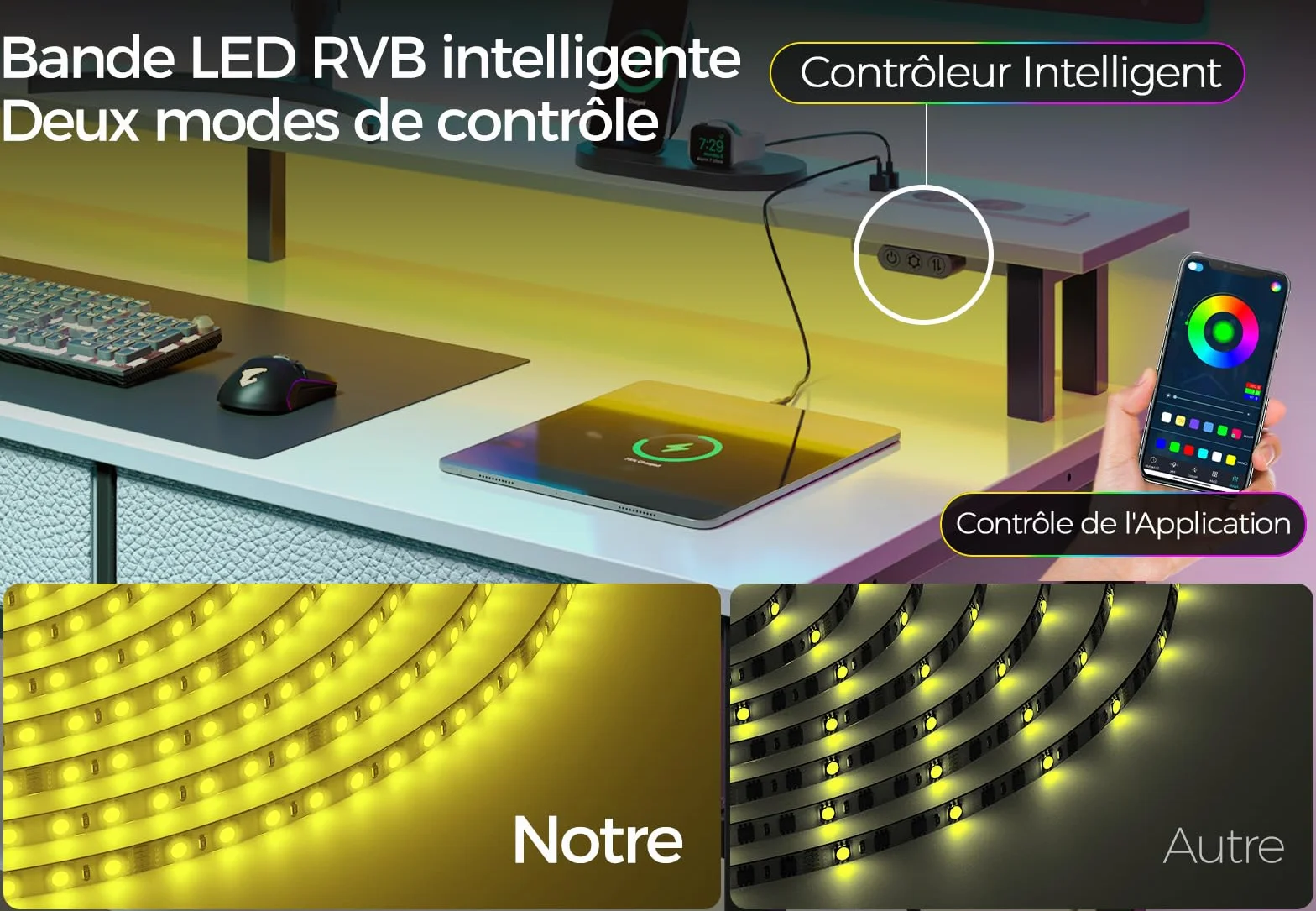 Rolanstar Bureau avec Rangement 100 cm - Table Ado 3 Tiroirs LED RGB Prises de Courant, Blanc