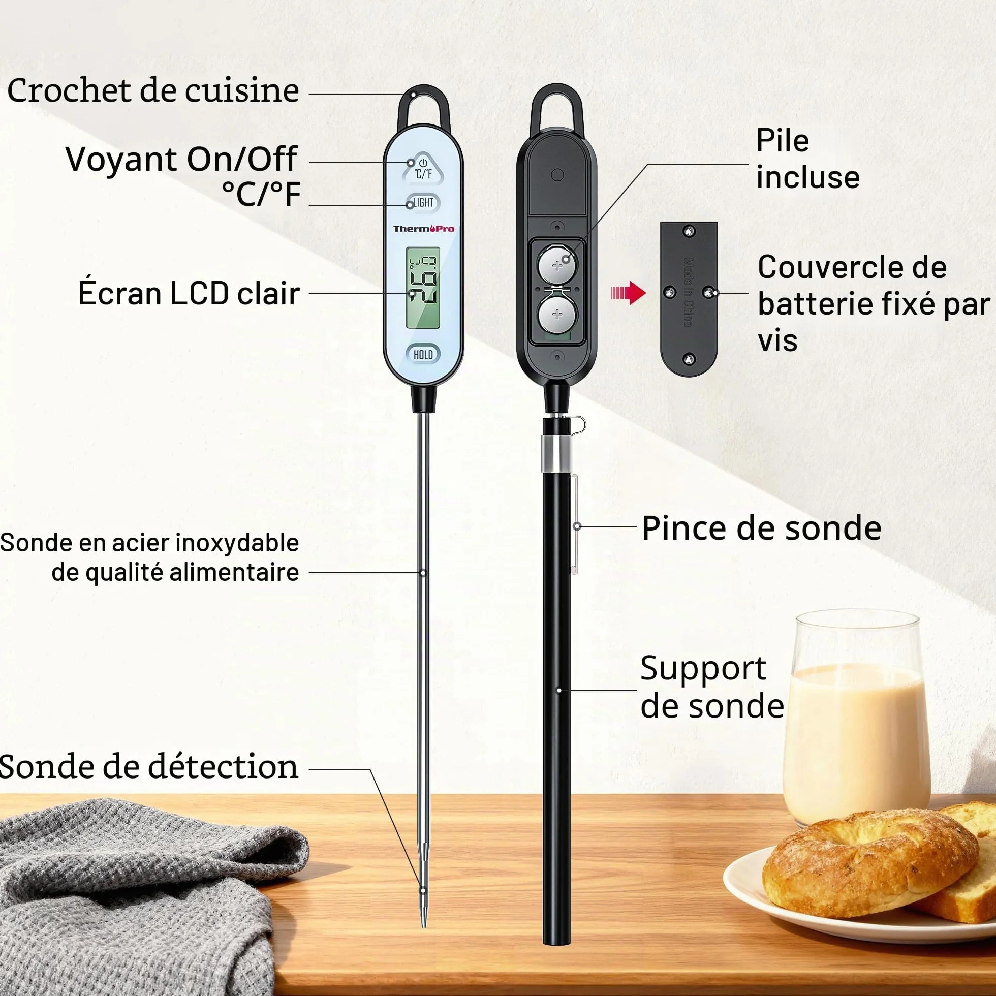 ThermoPro Thermomètre à viande numérique avec sonde pliable - Thermomètre de cuisson pour fumoir, barbecue