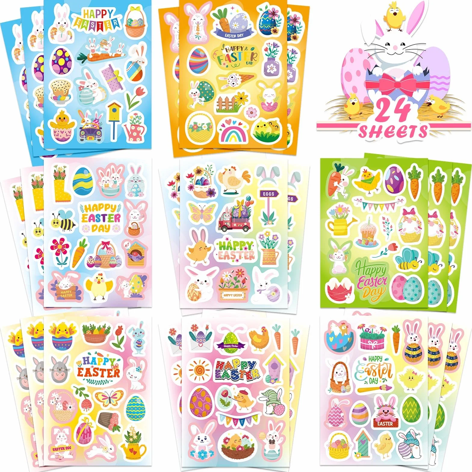 Autocollants Pâques 24 Feuilles 342Pcs Gommette Œuf Lapin Carottes Panier Cartes Enveloppes Scrapbooking Enfants Fournitures Fête