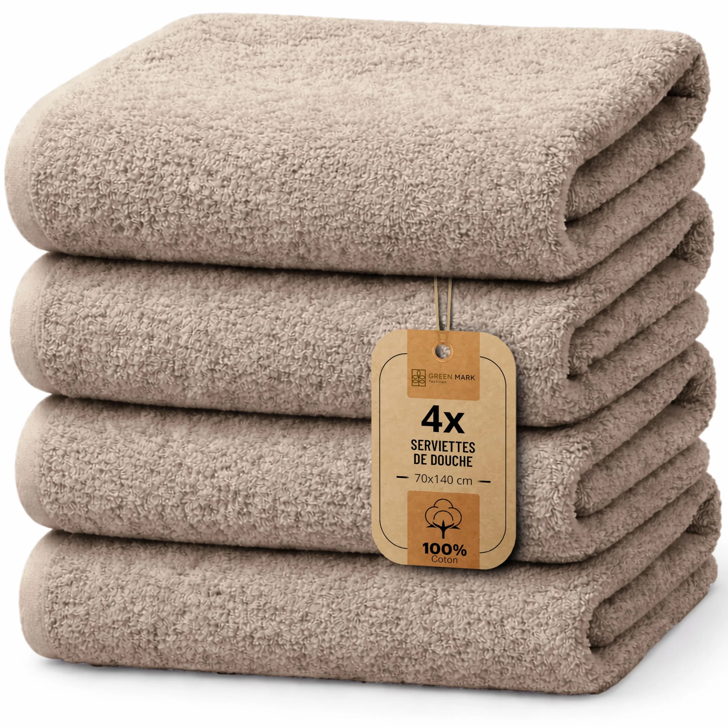 NatureMark Lot de 4 Draps de Douche 100% Coton Doux Absorbants 70x140 cm Sable Beige