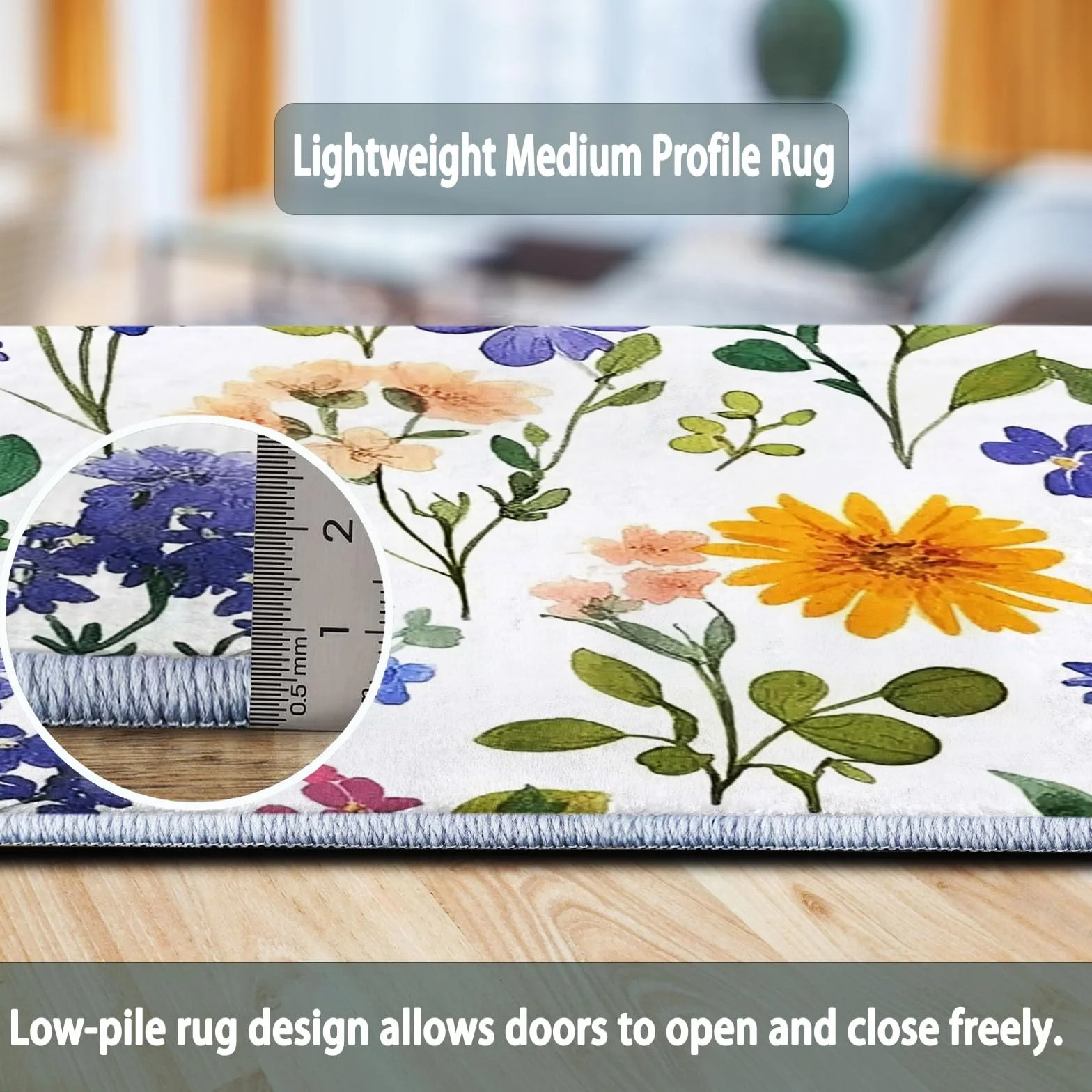 Tapis de Salon 80x150 cm Antidérapant Lavable en Machine Motif Aquarelle Fleurs Sauvages