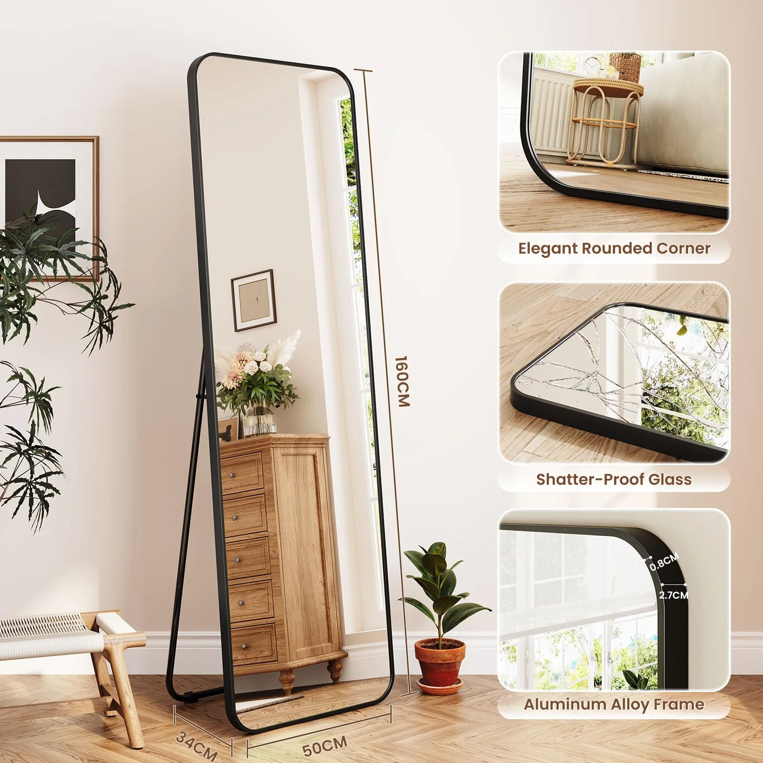 Dripex Grand Miroir 150x40cm Coins Arrondis Miroir Pied Suspendu Cadre Alliage Aluminium Noir