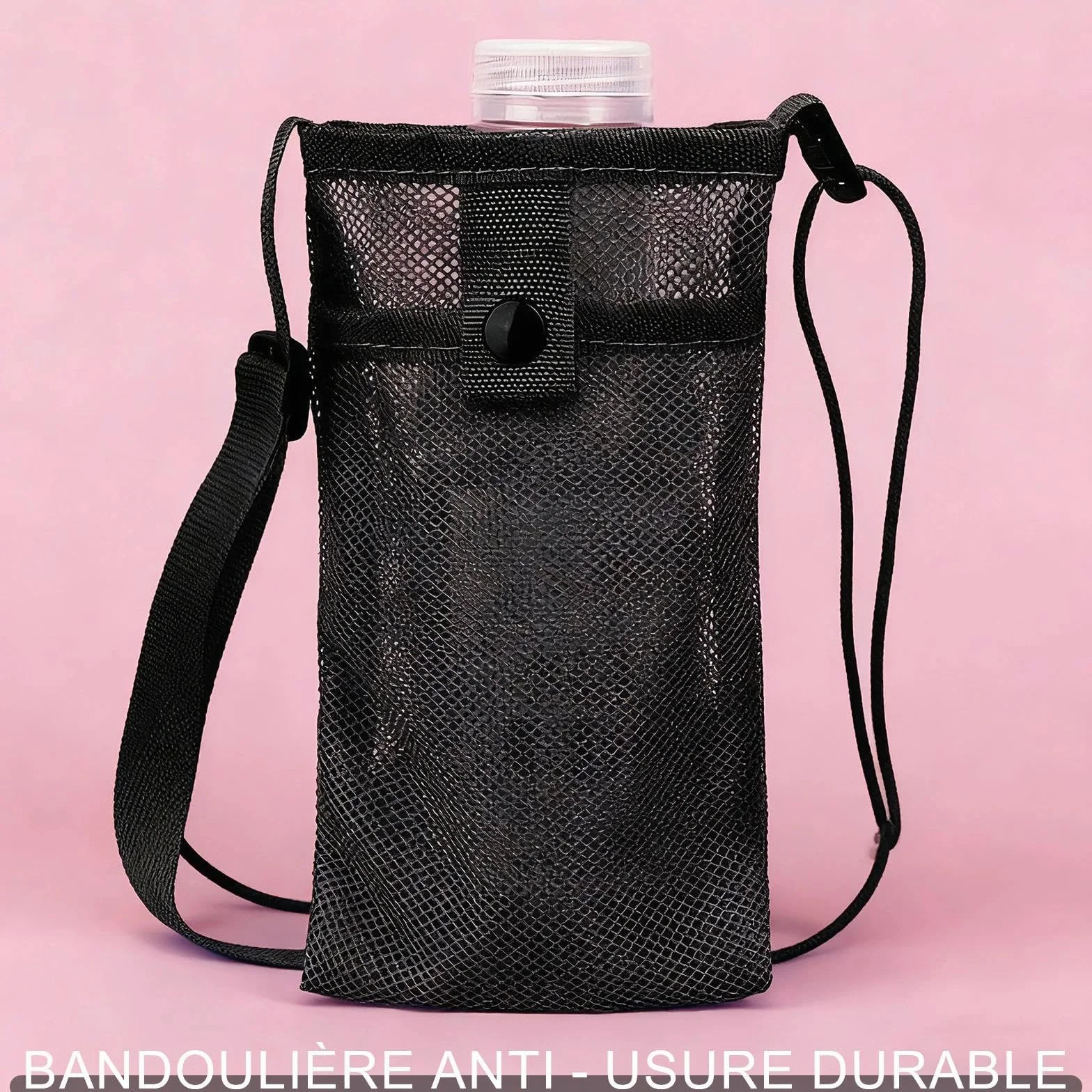 Sac de Bouteille d'eau en Filet, Porte Gourde Randonnée avec Bandoulière Réglable, pour Camping, Alpinisme (Schwarz, Rose)